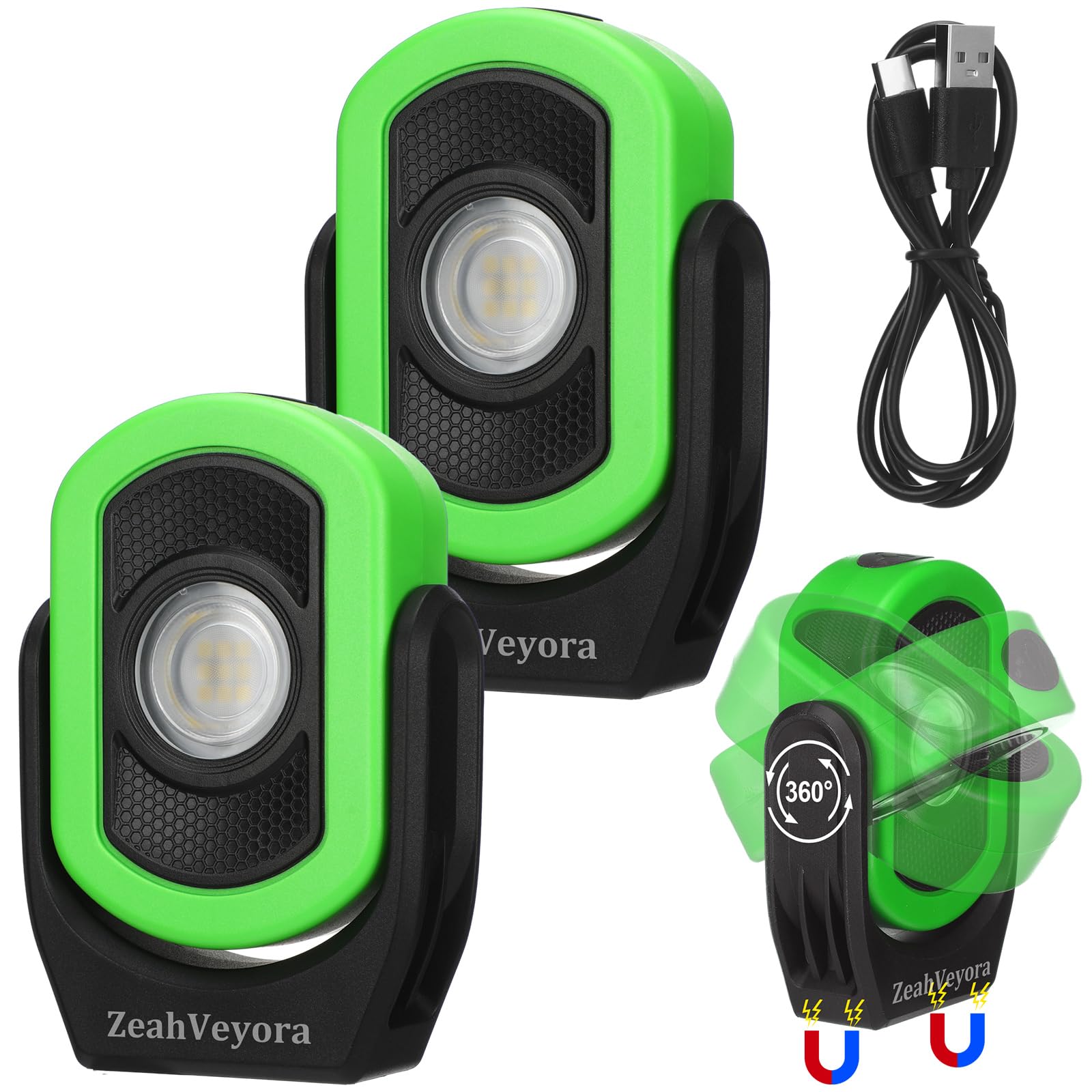 ZeahVeyora 2 Pack 780 Lumens Magnetic Work Light USB Rechargeable LED Flashlight Magnetic Portable Inspection Worklight for Car 