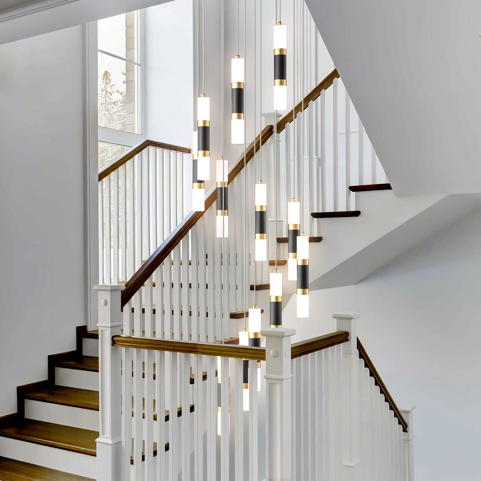 Liangmh Modern Kitchen Island Black Gold Ceiling Pendant Light Dimmable Led 72W Staircase Large Chandelier Lobby Bedroom Living