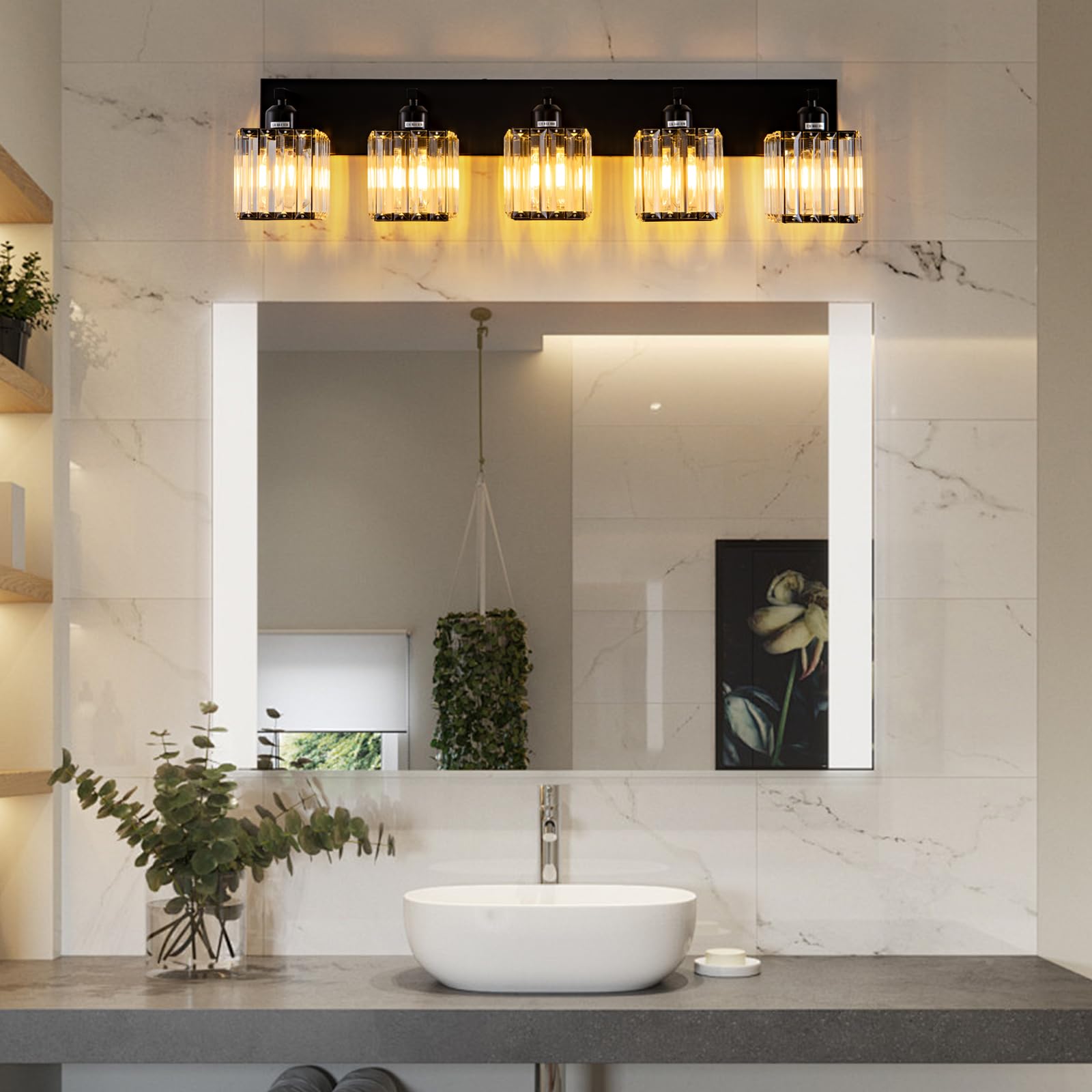 Aixialin 5-Light Black Crystal Bathroom Vanity Light Fixtures, Modern Metal Wall Lighting Over Mirror, Model 600-100-1014