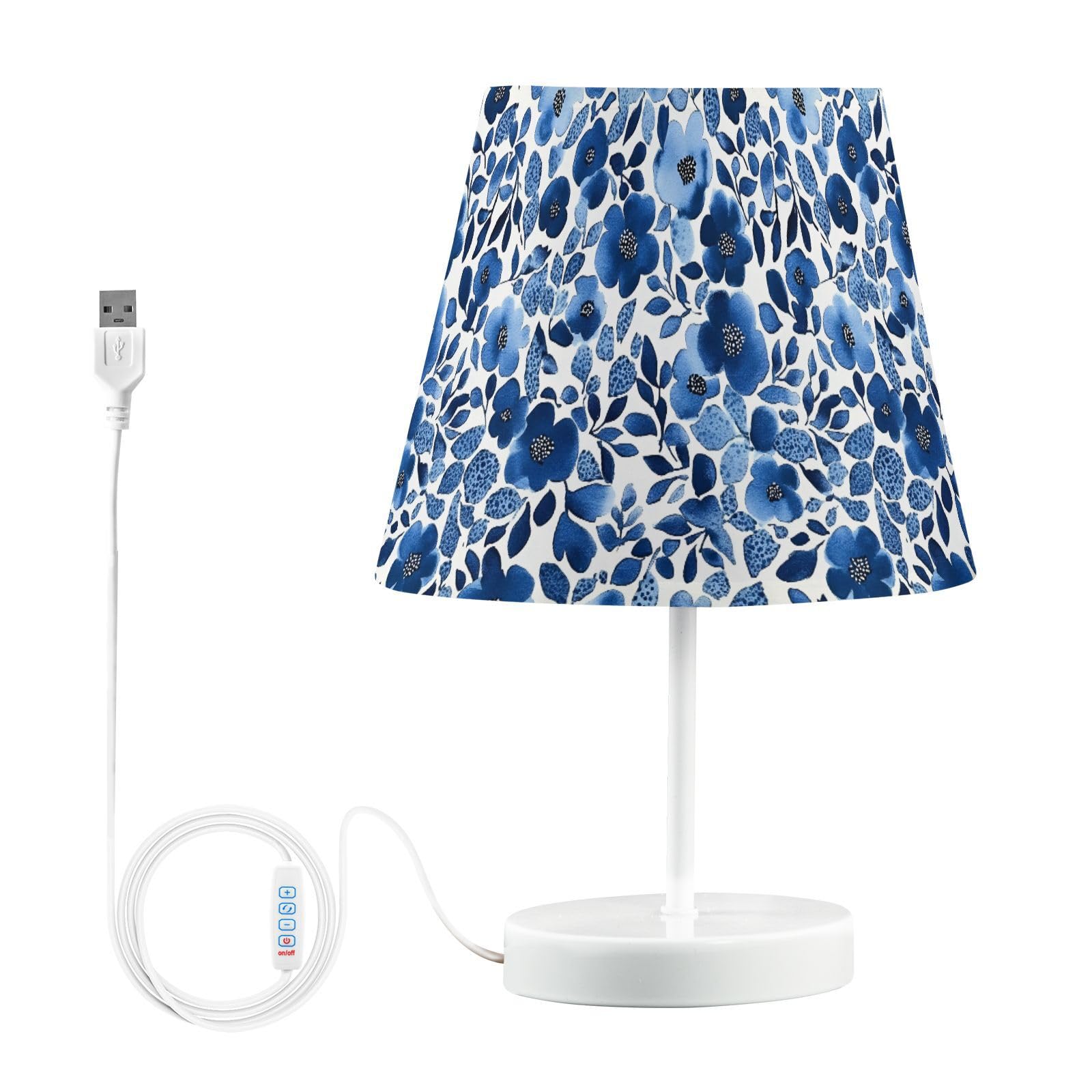 BOENLE Bedside Lamp Blue Leaves Flowers Table Lamp Bedroom LED Nightstand Desk Lamp Lampshade for Sleeping Living Room Dorm Offi