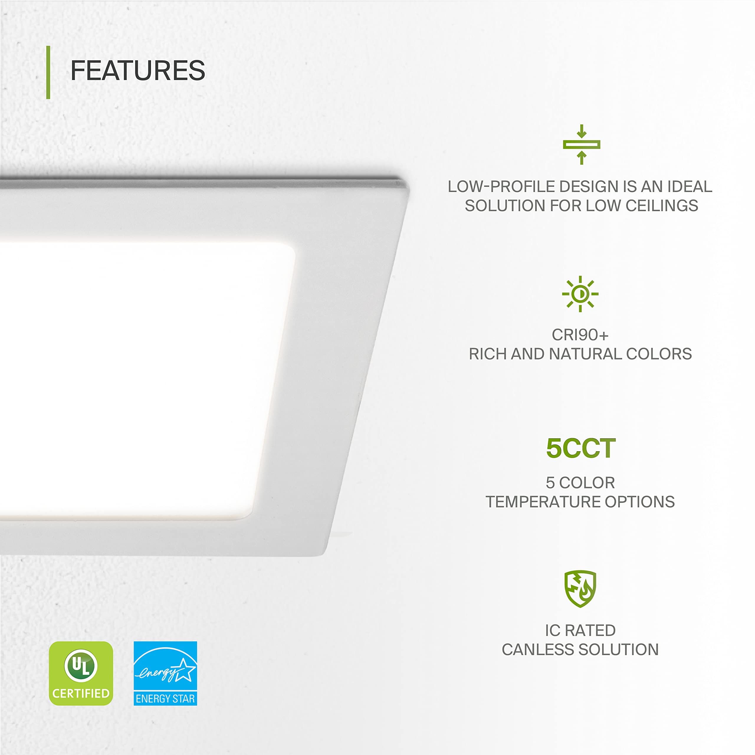 Asd 1 Pack Led Square Recessed Lighting 8 Inch  5 Cct 2700K-5000K Cri90+  20W 70W Eqv  Ultra Thin Dimmable Ceiling Lights With J Box  Canless Wafer Downlight  Slim Panel Light  Ul Energy Star  White