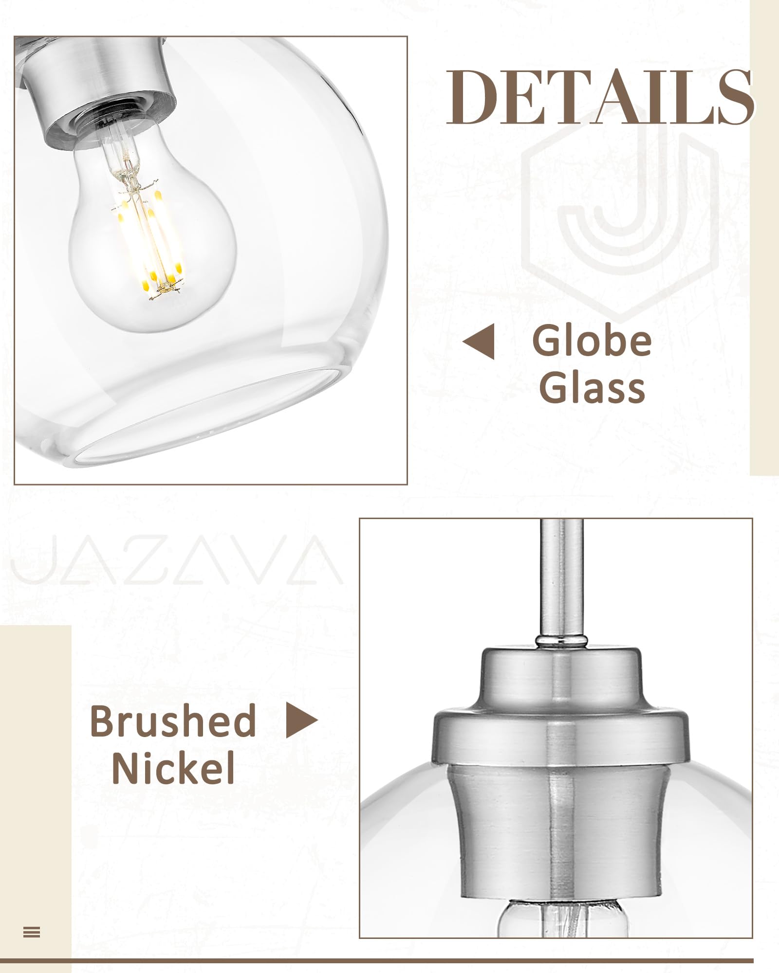 Jazava Globe Pendant Light Fixture, Modern Brushed Nickel Hanging Light With Clear Glass For Kitchen Island Dining Room Bedroom