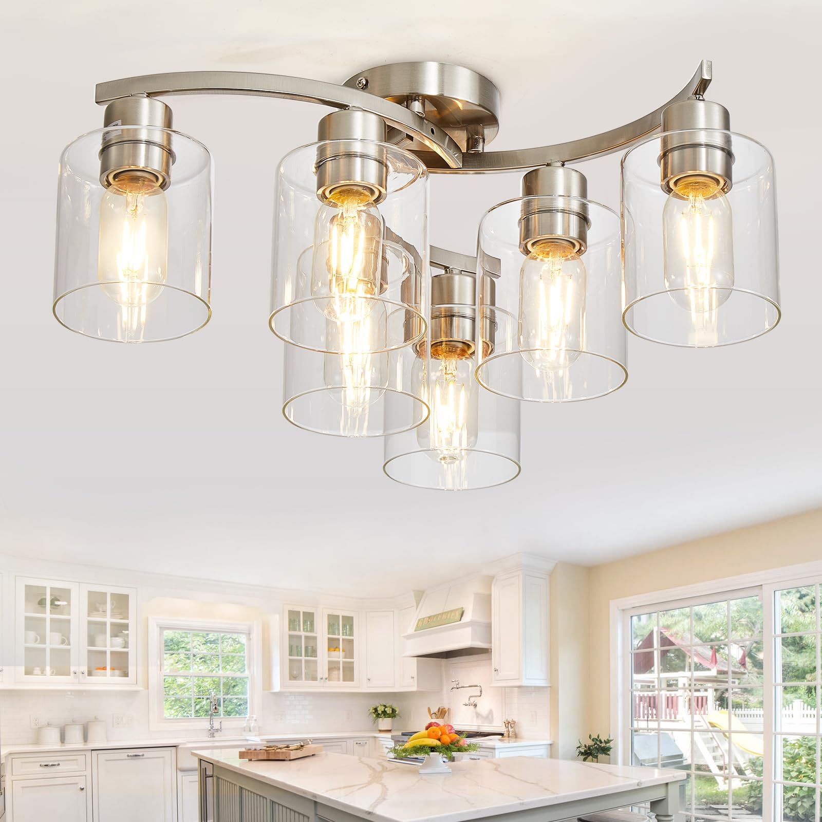 Brushed Nickel Flush Mount Ceiling Light, Kitchen Lighting Fixtures Ceiling, 6-Light Dining Room Light Fixture With Clear Glass Shade, Modern Ceiling Light Fixture For Bedroom, Living Room, Entryway