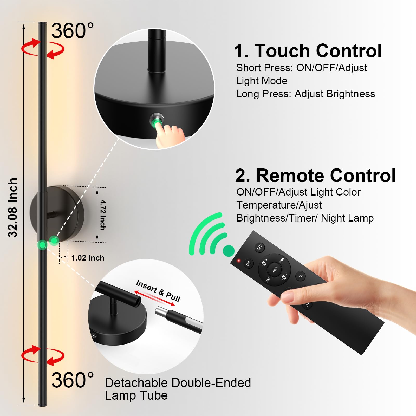 Tartek Battery Operated Wall Sconces Set of Two, Dimmable LED 3000K-6000K, 32 Inch, Black, Rechargeable with Remote Control, Model SE