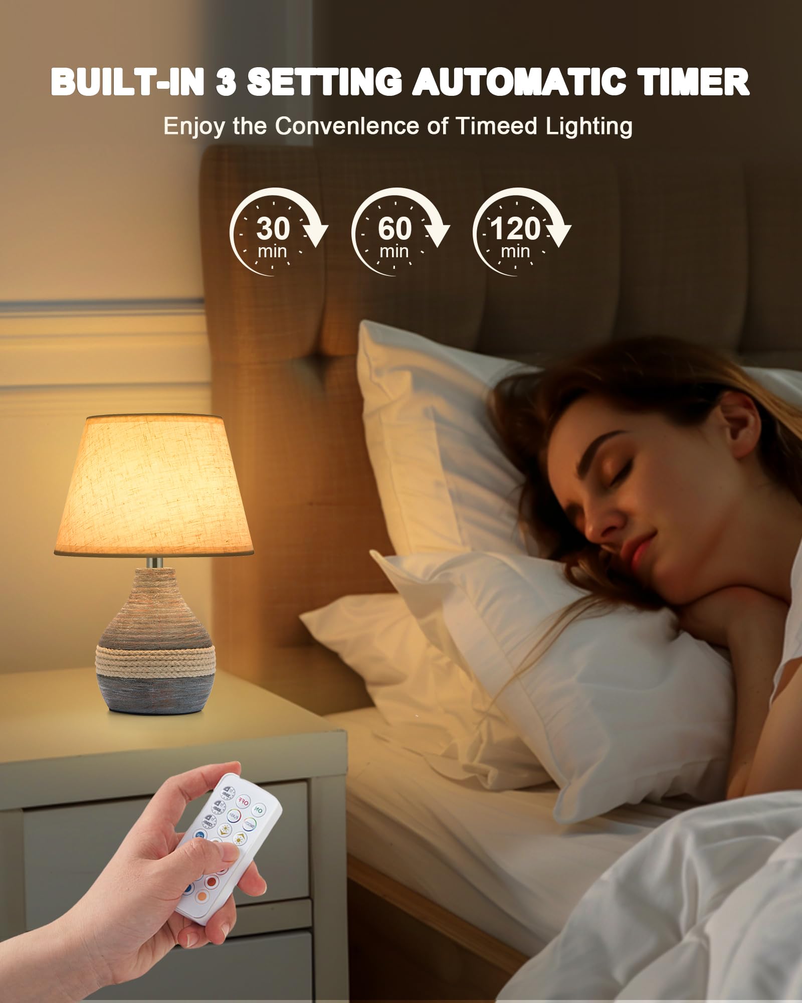 Umexus Cordless Table Lamp With Timer, Dimmer, Linen Shade, Remote Control, Small Battery Light Rechargeable, Mid Century Modern