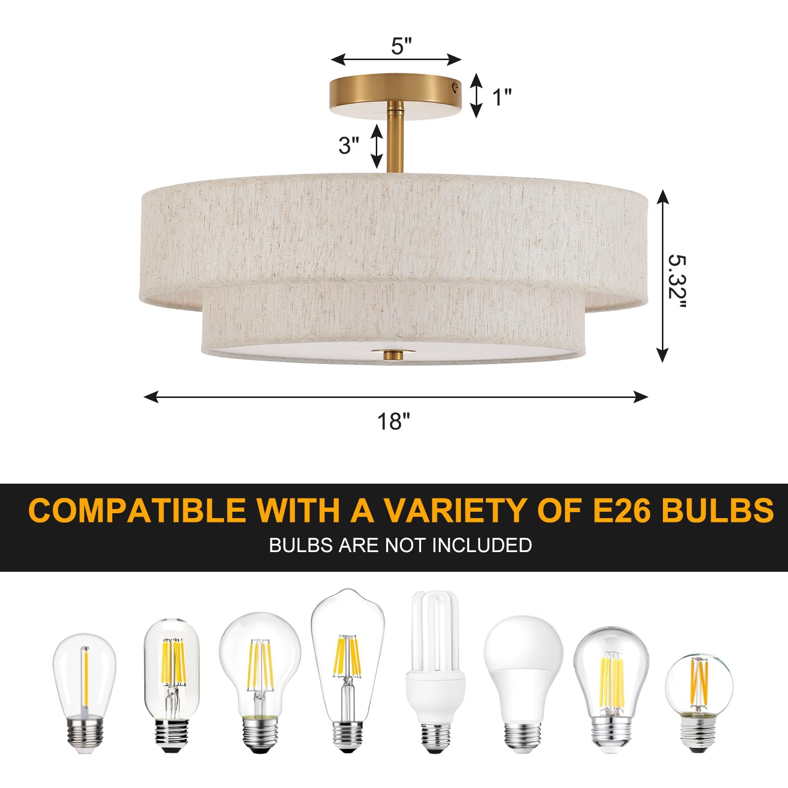 Widluth Modern Semi Flush Mount Ceiling Light 18" Modern Gold 3-Lights Drum Ceiling Lighting Fixture Vintage Linen Golden Ceiling Lamp For Laundry Room, Kitchen, Basement, Dining Room, Bedroom