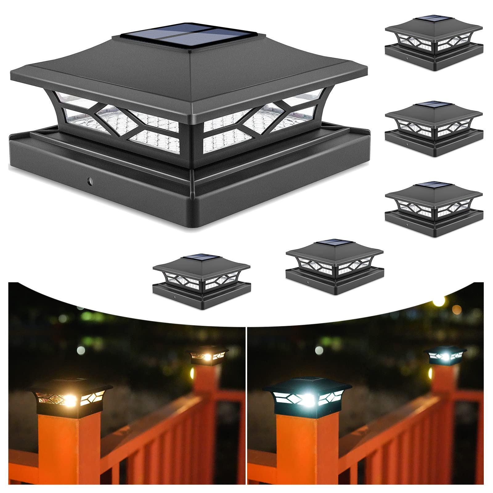 VOLISUN Solar Post Cap Lights: 6 - Pack Outdoor Deck Post Cap Lights Black for Dock Fence Waterproof 2 Color Modes,4x4/6x6 Woode