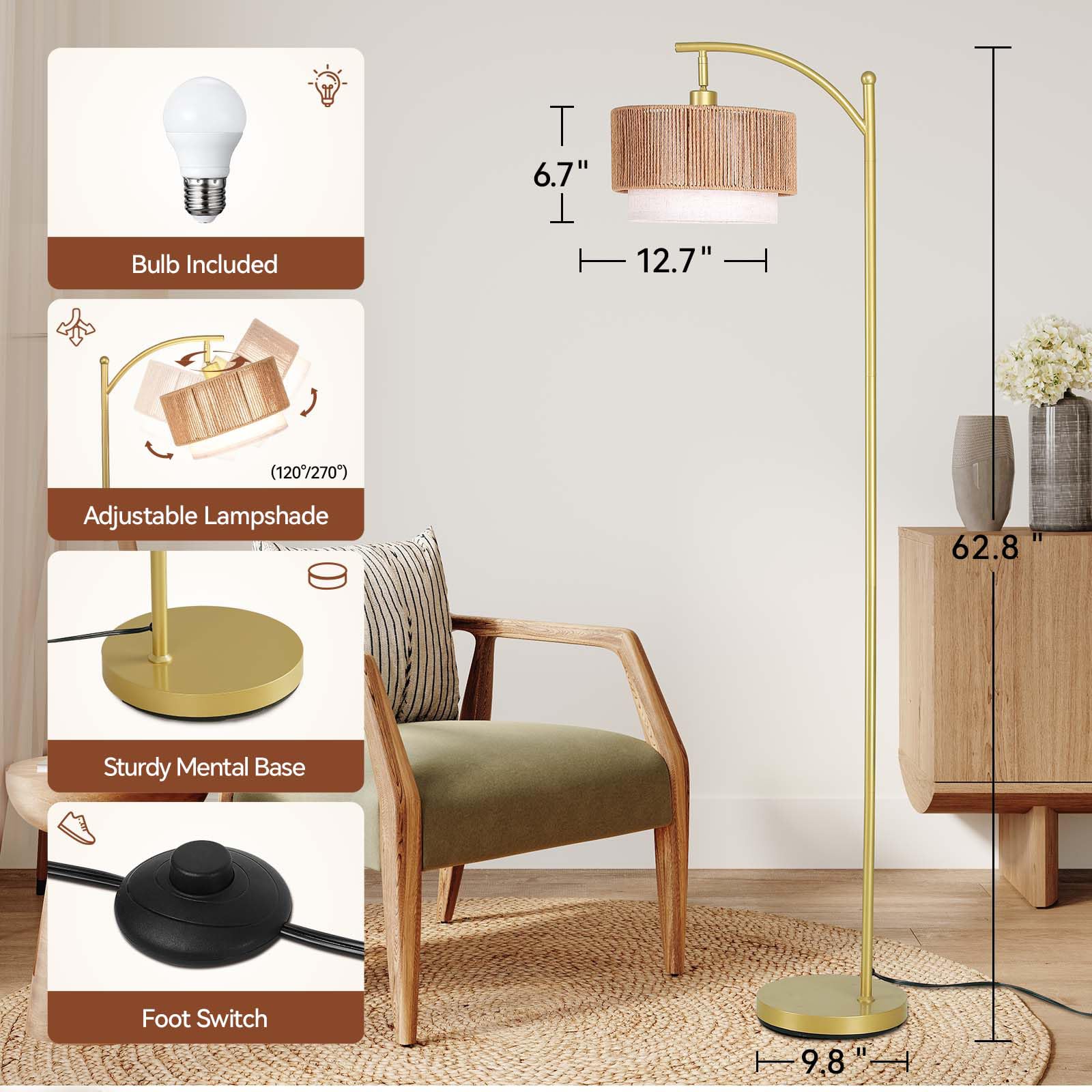 Sunmory Floor Lamps For Living Room With 12W Led Bulb, Arc Floor Lamp With 3 Color Temperatures, Farmhouse Floor Lamps With Adju