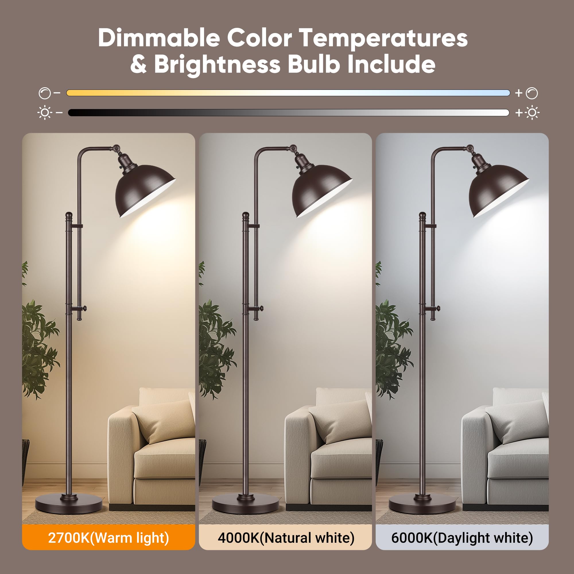 Partphoner Industrial Floor Lamp Adjustable, Rustic Farmhouse Reading Lamp In Aged Brown Finish Modern Standing Lamp With Remote