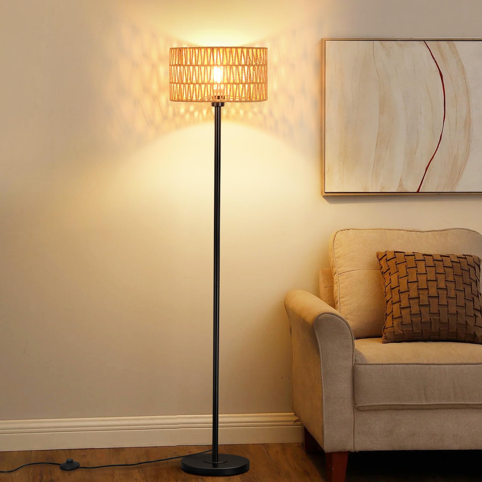 Qingmiao Rattan Floor Lamp - Black Metal, Led, Double Shades, Boho Rustic Design For Living Room