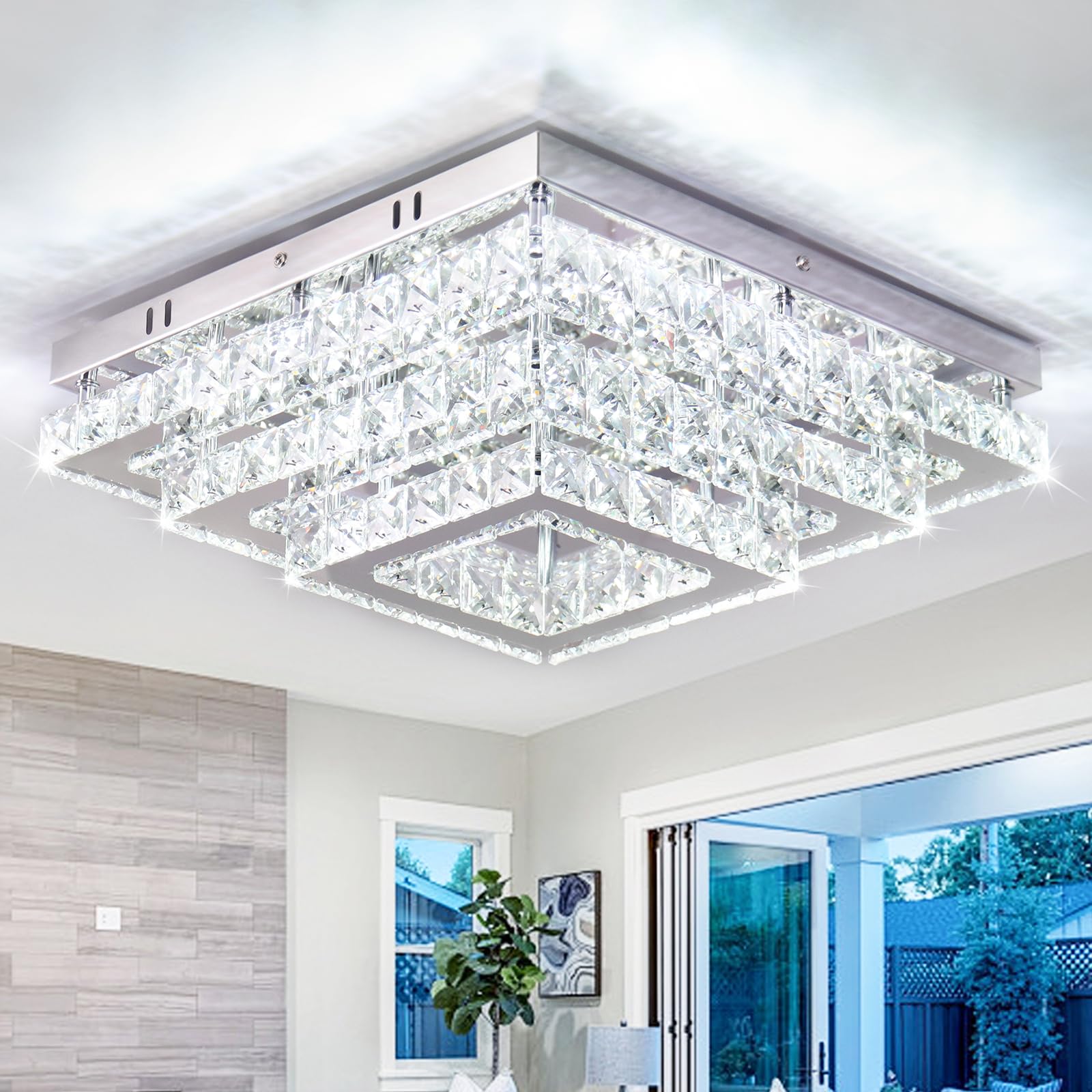 Finktonglan 15” Square Crystal Led Chandelier - 3-Tier Flush Mount Ceiling Light, Cool White