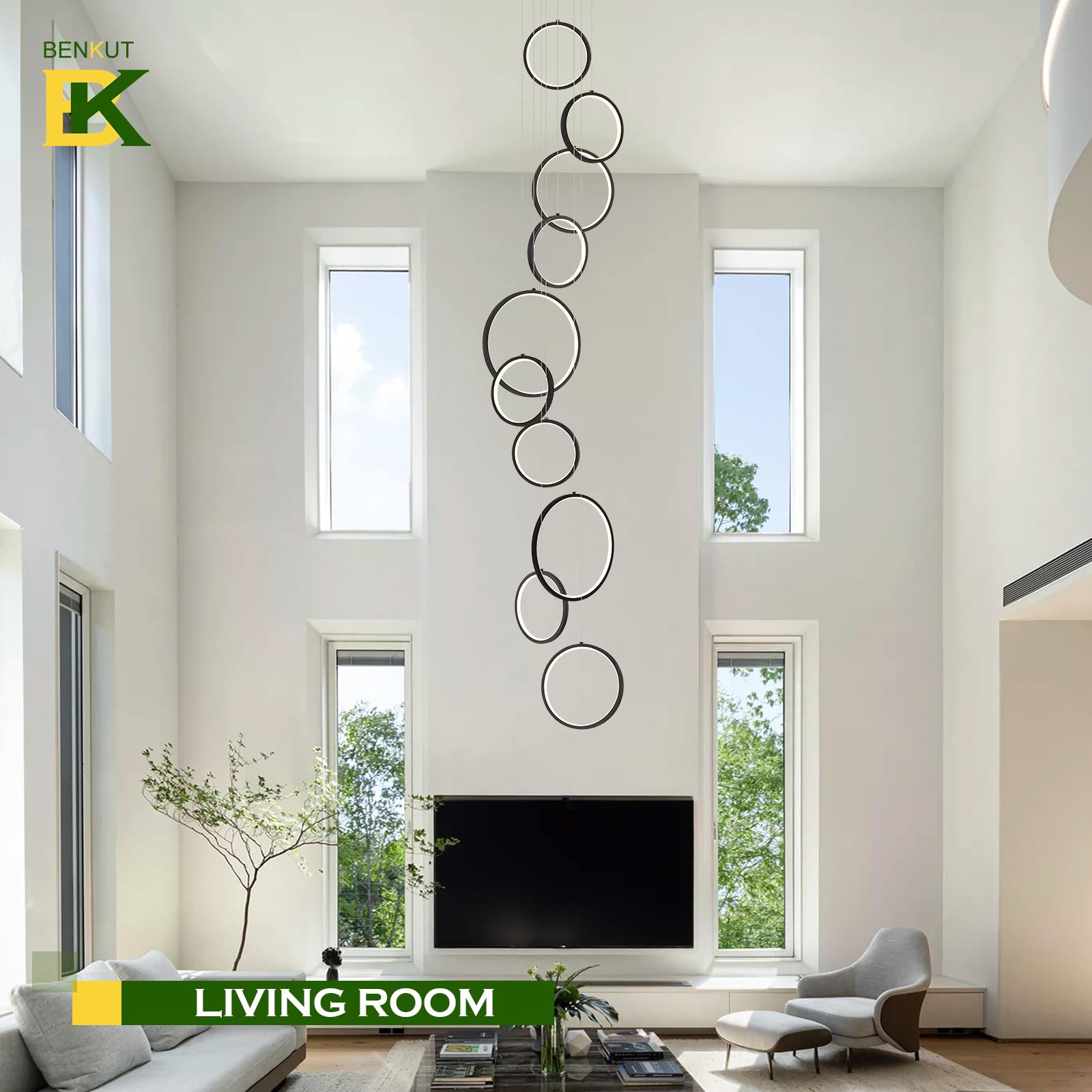 Benkut High Ceiling Chandelier 10 Ring Black LED Light with Remote Control, 98.5in, Aluminum