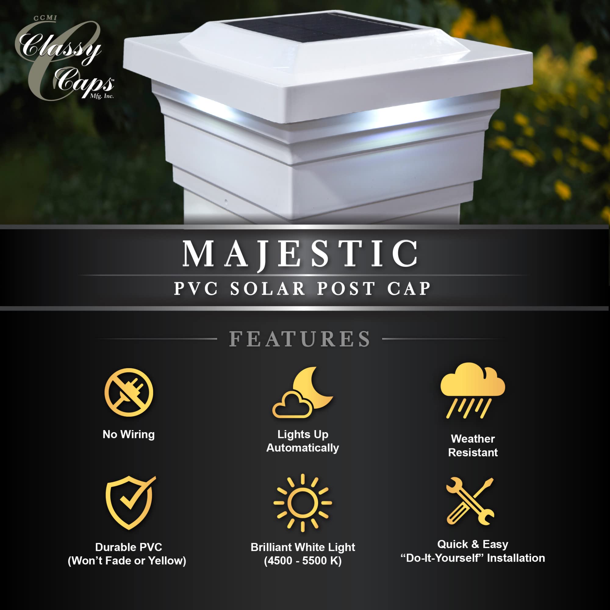 Classy Caps Sl075W Pvc Majestic Solar Post Cap, 5" X 5", White