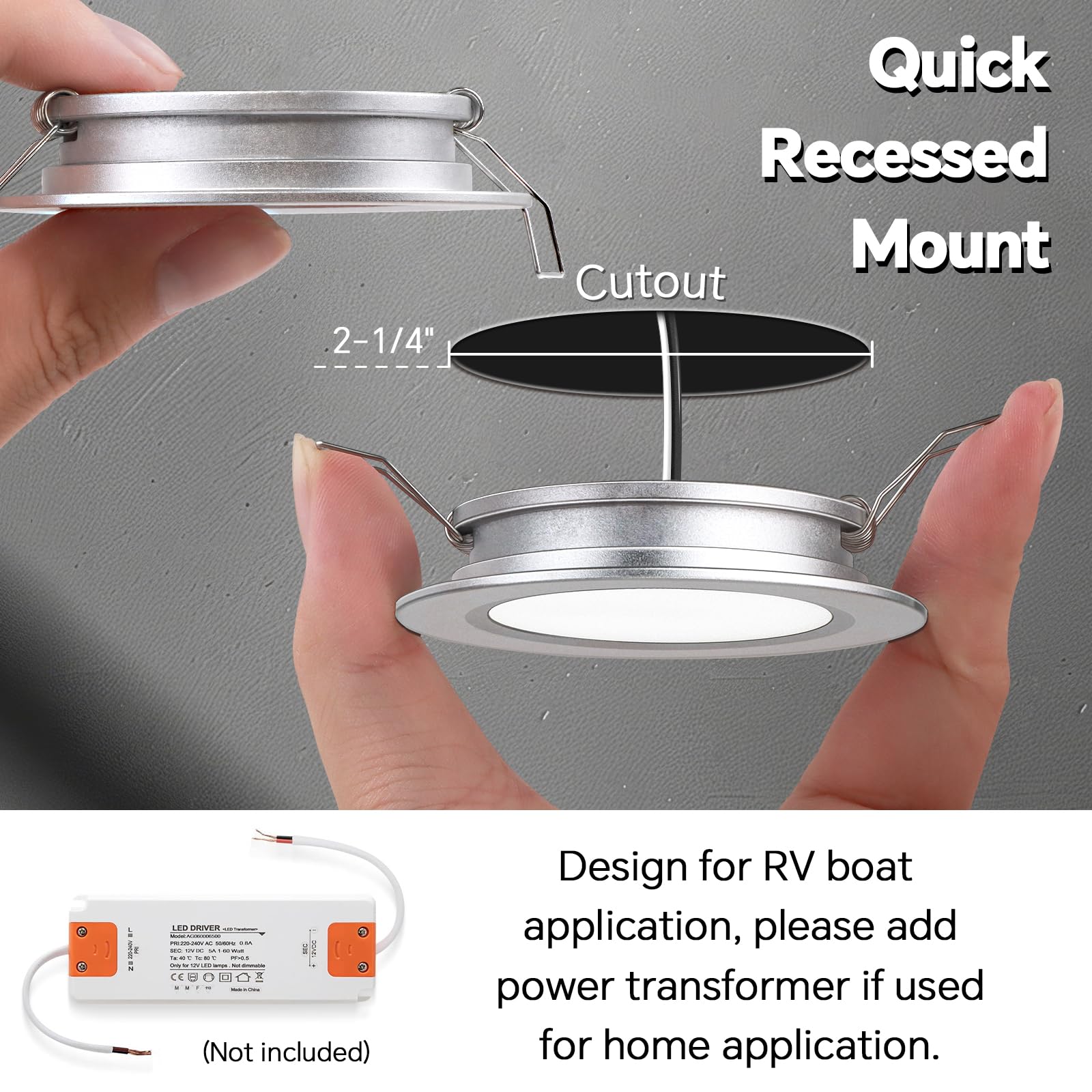 acegoo 12 Volt LED Puck Light - Recessed Mount Ceiling Light, Aluminum, Silver Finish, Cool White, 6 Pack for RV, Boat, and Camper Van