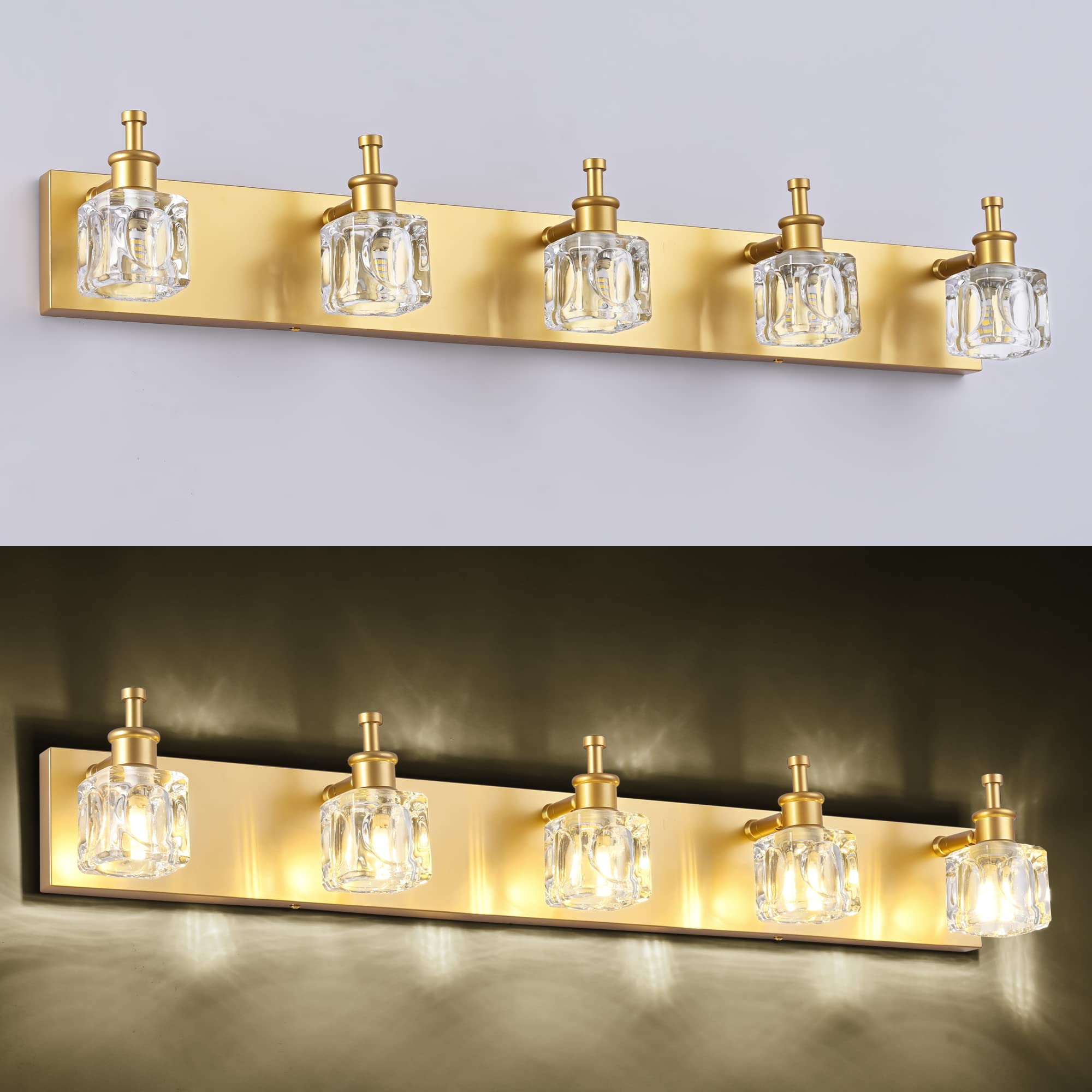 PRESDE Modern Crystal Vanity Light Fixture, 5 Lights, Gold Finish, Bathroom Wall Light for Over Mirror