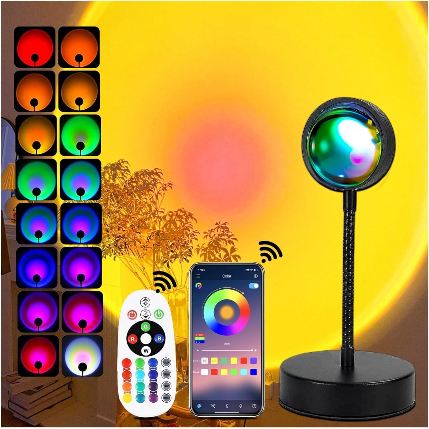 xoddi Sunset Lamp Projector LED Light, 16 Colors, 360° Rotation, Black, Model SUNLAMP-P