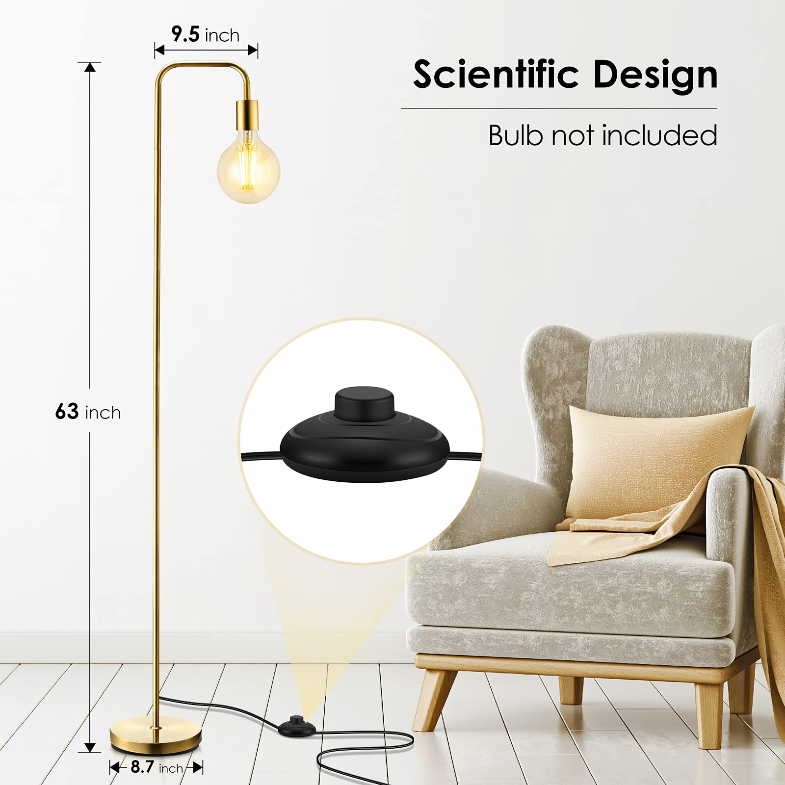 BoostArea 63 Industrial Floor Lamp, Gold Metal, E26 Socket, On/Off Footswitch, Modern Vintage Design for Bedroom & Living Room