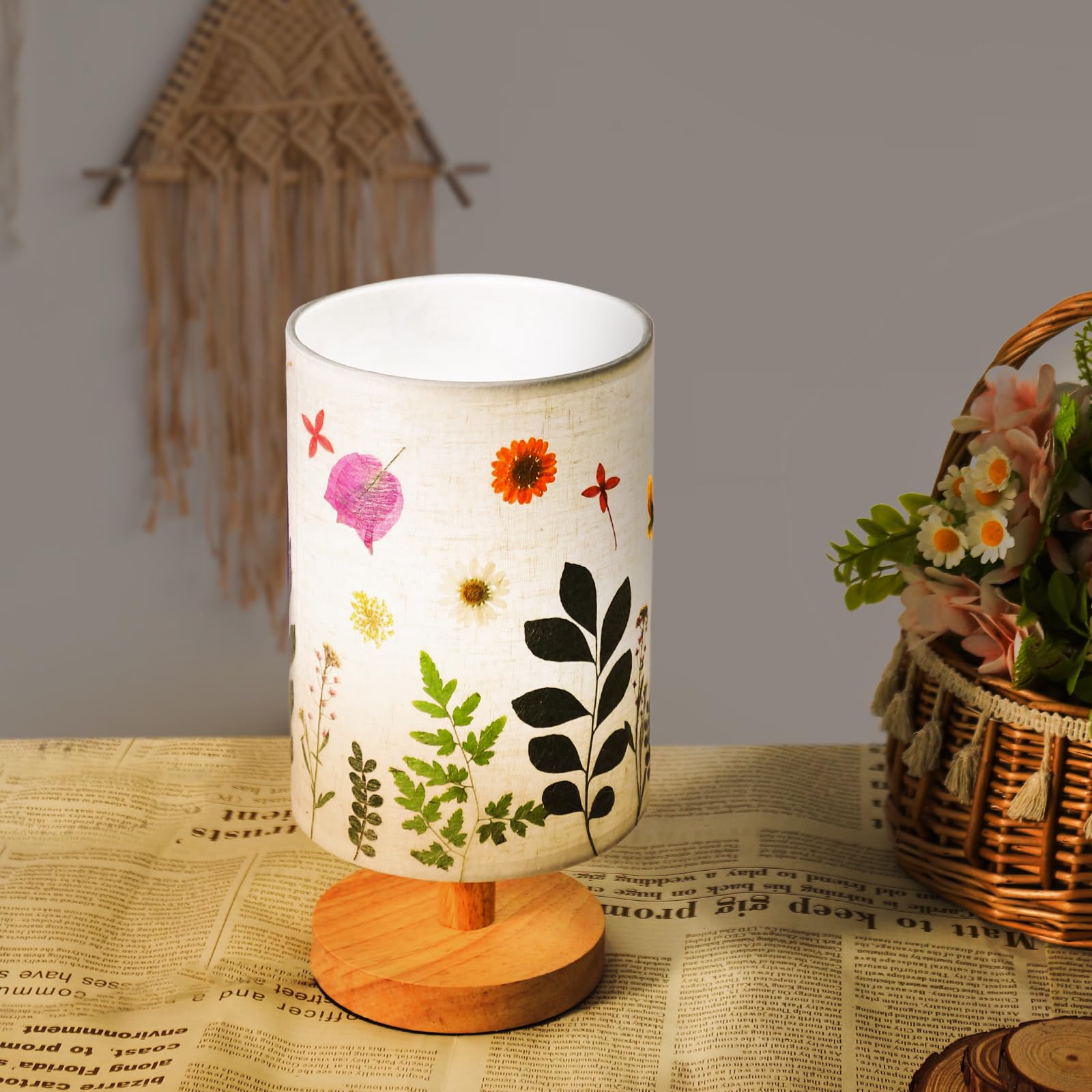 Floresita Pressed Flowers Table Lamp - 5W LED, 3 Color Temperatures, Linen Shade, Wood Base, Round-Leaves Design for Bedroom & Office
