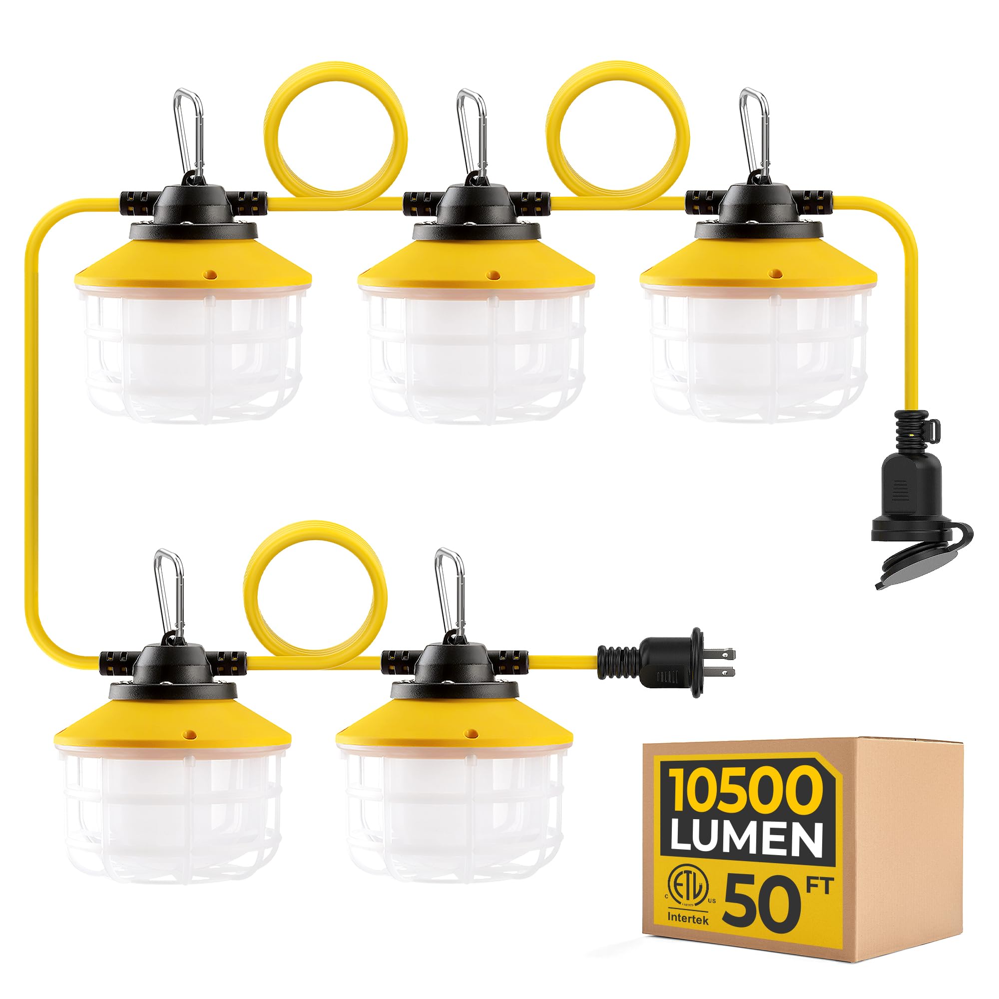 50FT Construction String Lights: 75W Ultra-Bright 10500 lumens Linkable ETL Listed 18AWG Wire Industrial Outdoor Temporary Light