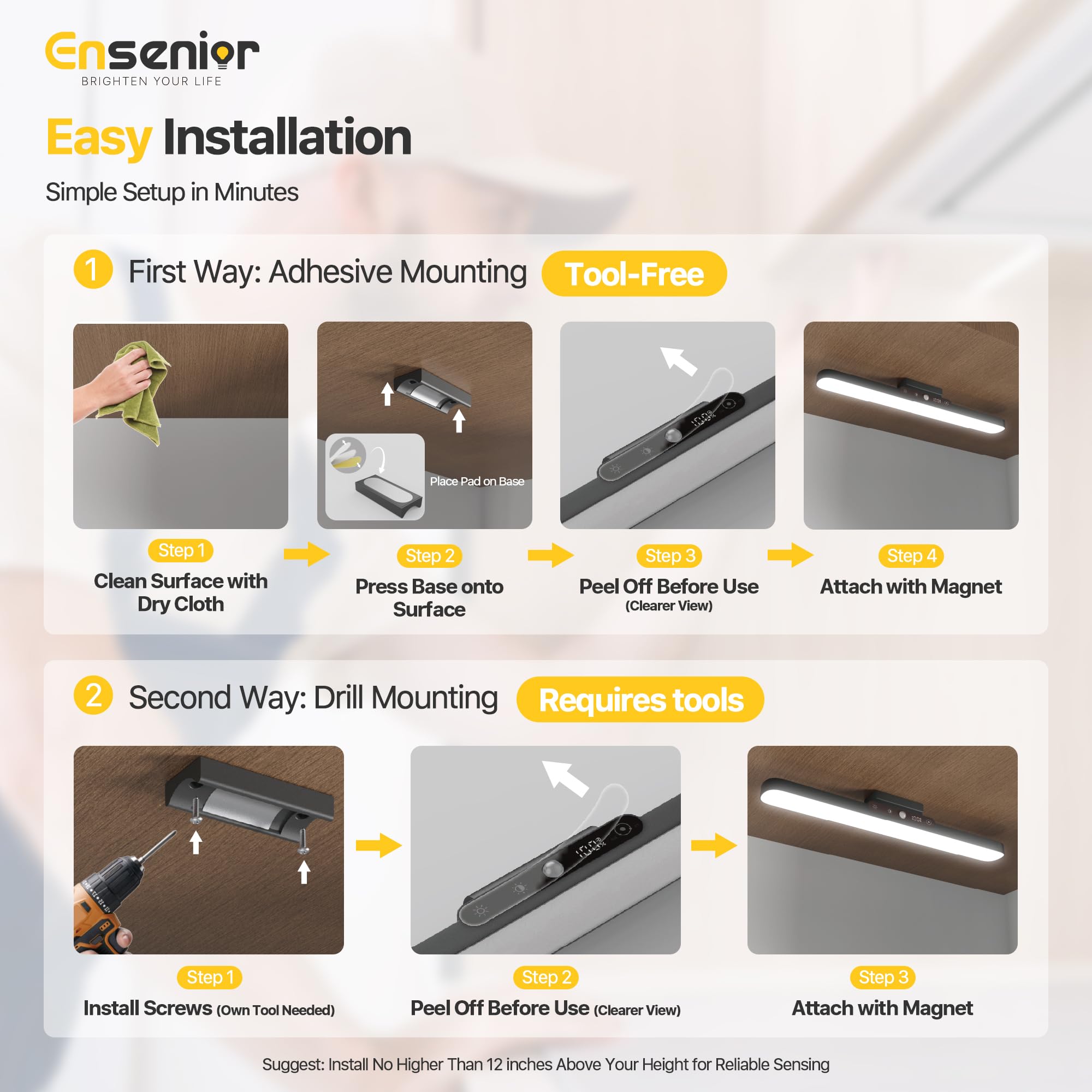 Ensenior 14" Motion Sensor Light Bar - Stepless Dimming, Remote, Rechargeable 2000mAh, Indoor Use for Kitchen, Cabinet, Closet