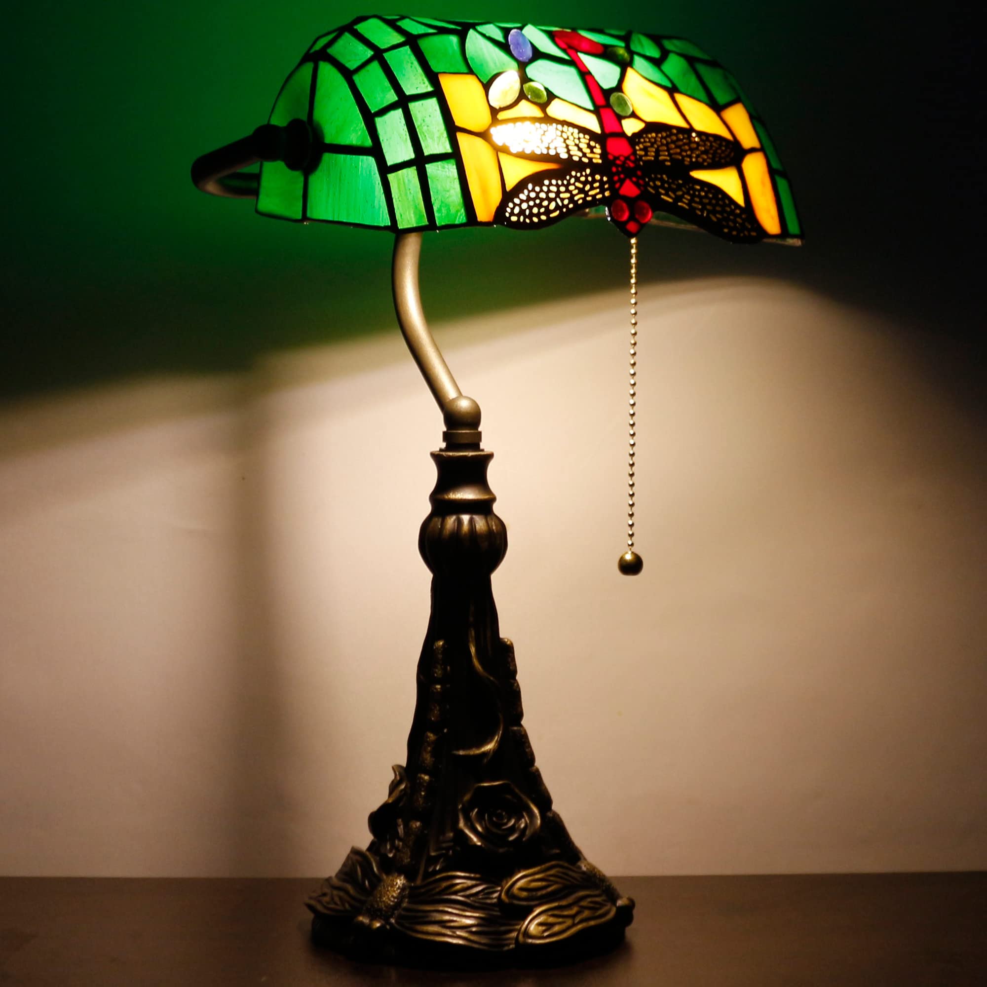 SYETL Tiffany Small Stained Glass Banker Lamp, Green Dragonfly Style, Adjustable Angle, 10.6x15.7 Inch for Home Office & Living Room