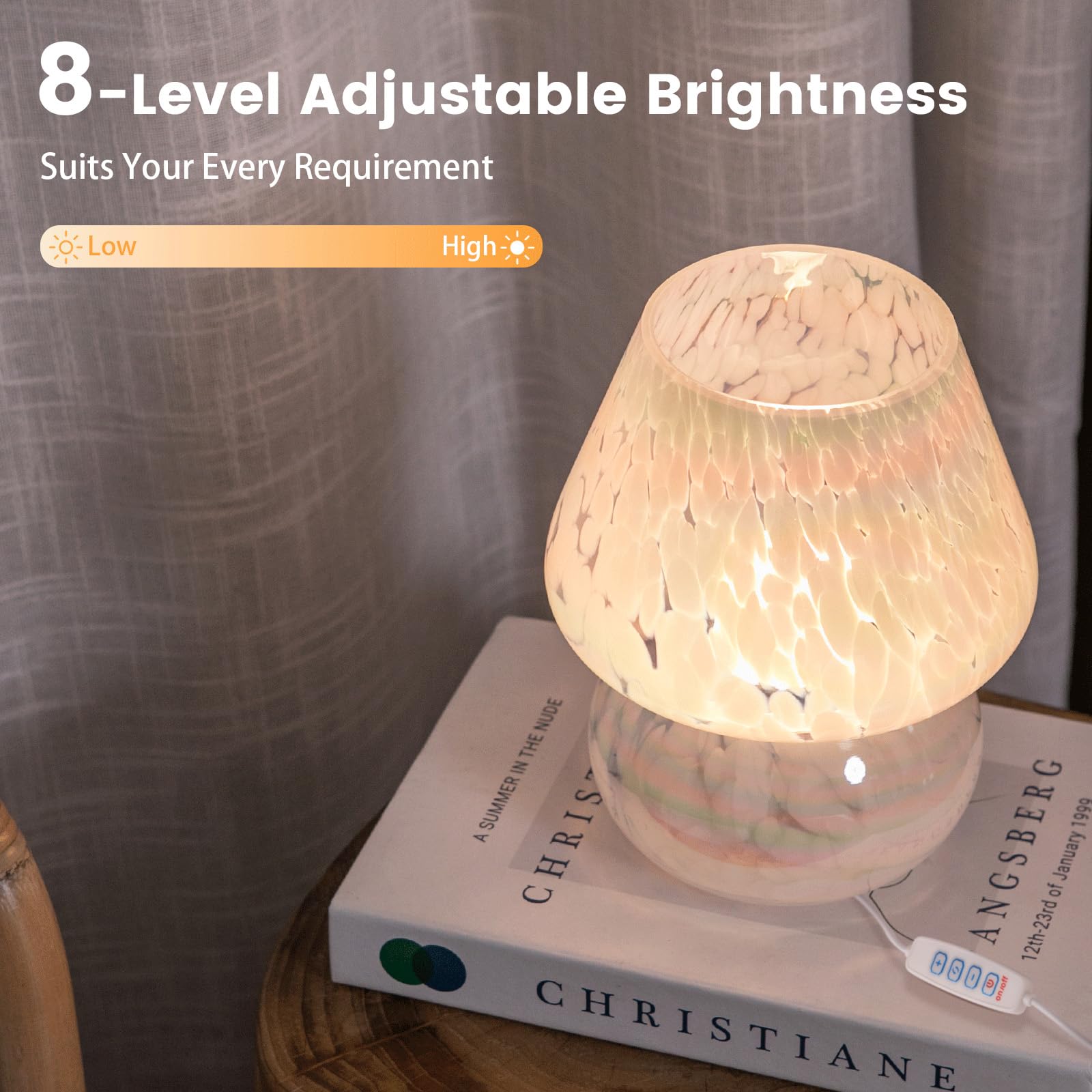 ULAROOM USB Mushroom Lamp - Dimmable LED Bedside Light, Rainbow White, Glass, Model TALPMSUSBMUC19X9Q1
