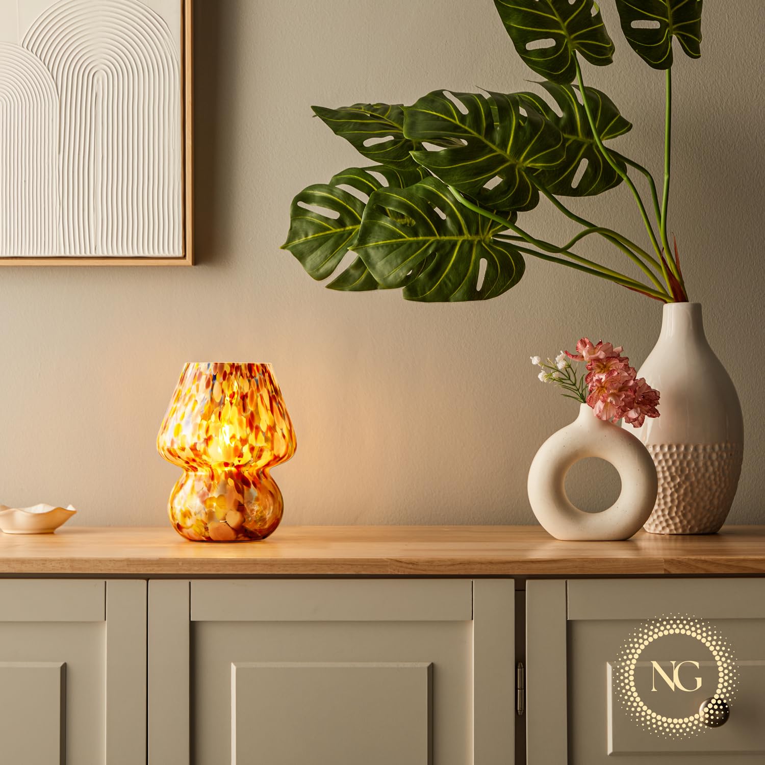 Next Glow Mushroom Lamp – Dimmable LED Night Light, Small, Glass, Colorful Marbled Magic, Model LT-0328-1