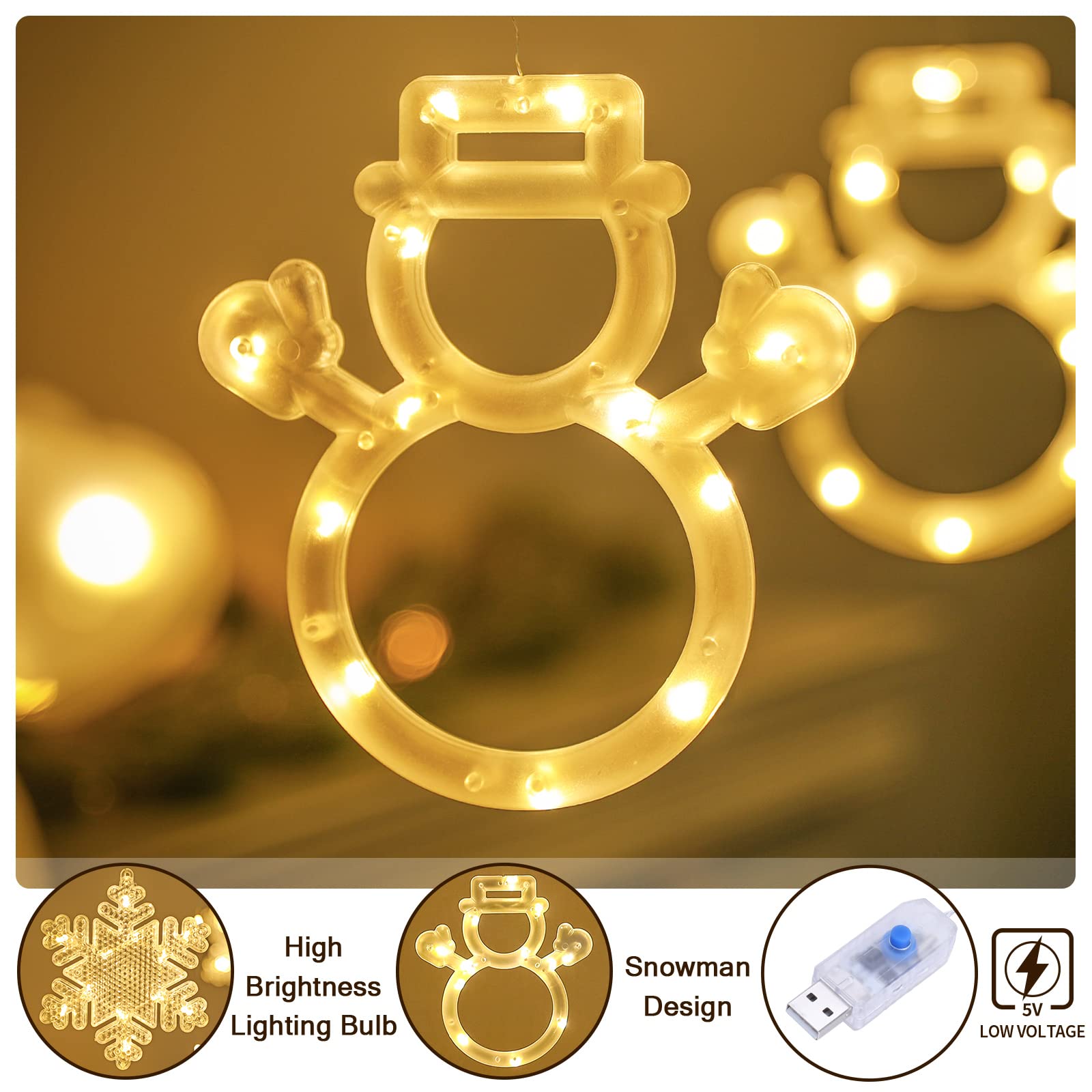 Bloomwin Window Lights Christmas Decor 9.8Ft 5 Snowmen And 5 Snowflakes Icicle Lights Usb Christmas Curtain Lights Winter Decorations For Bedroom Indoor Home Church Wedding Birthday, Warm White