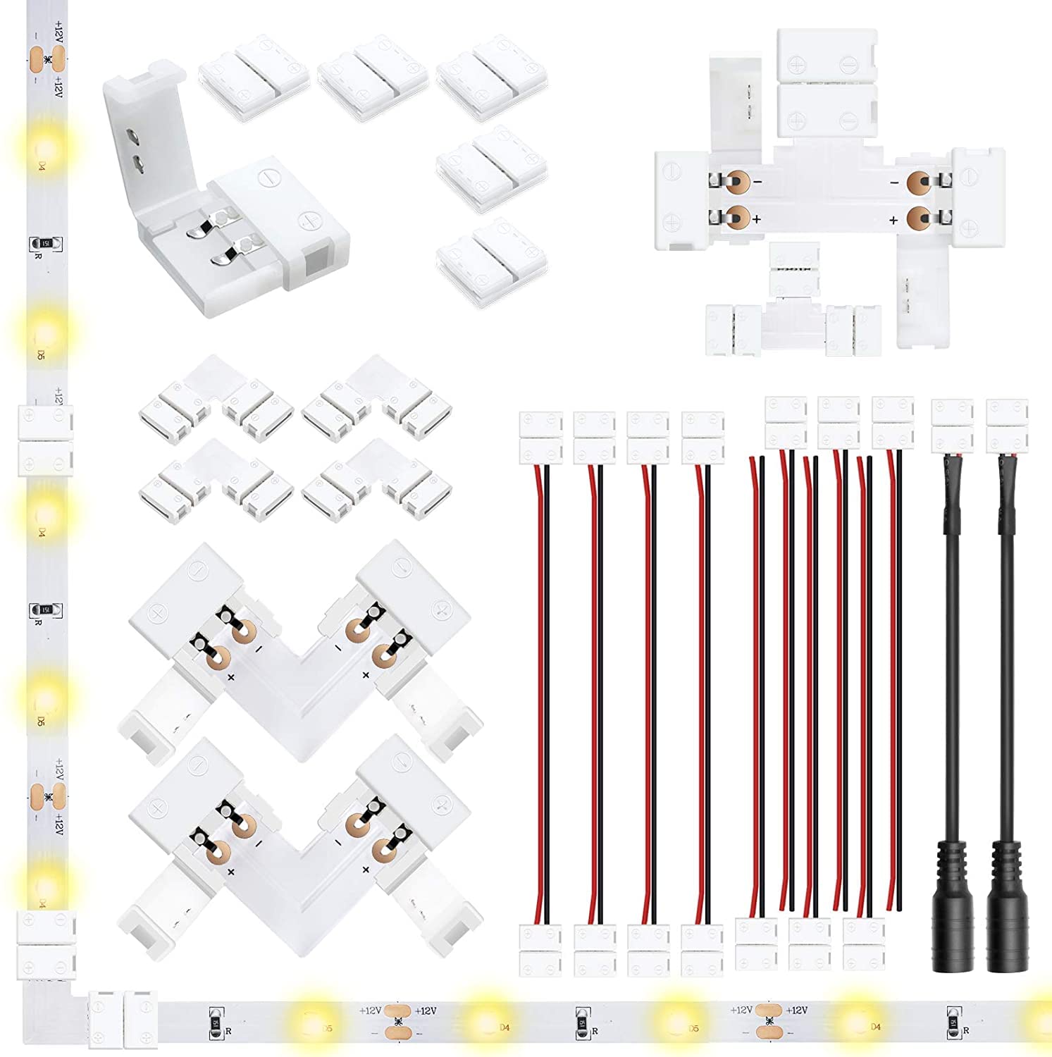 LightingWill 2 Pin LED Strip Light Connector Kit, 8mm Solderless Adapter Connectors, LED Strip Accessories Set for 8mm Wide 3528
