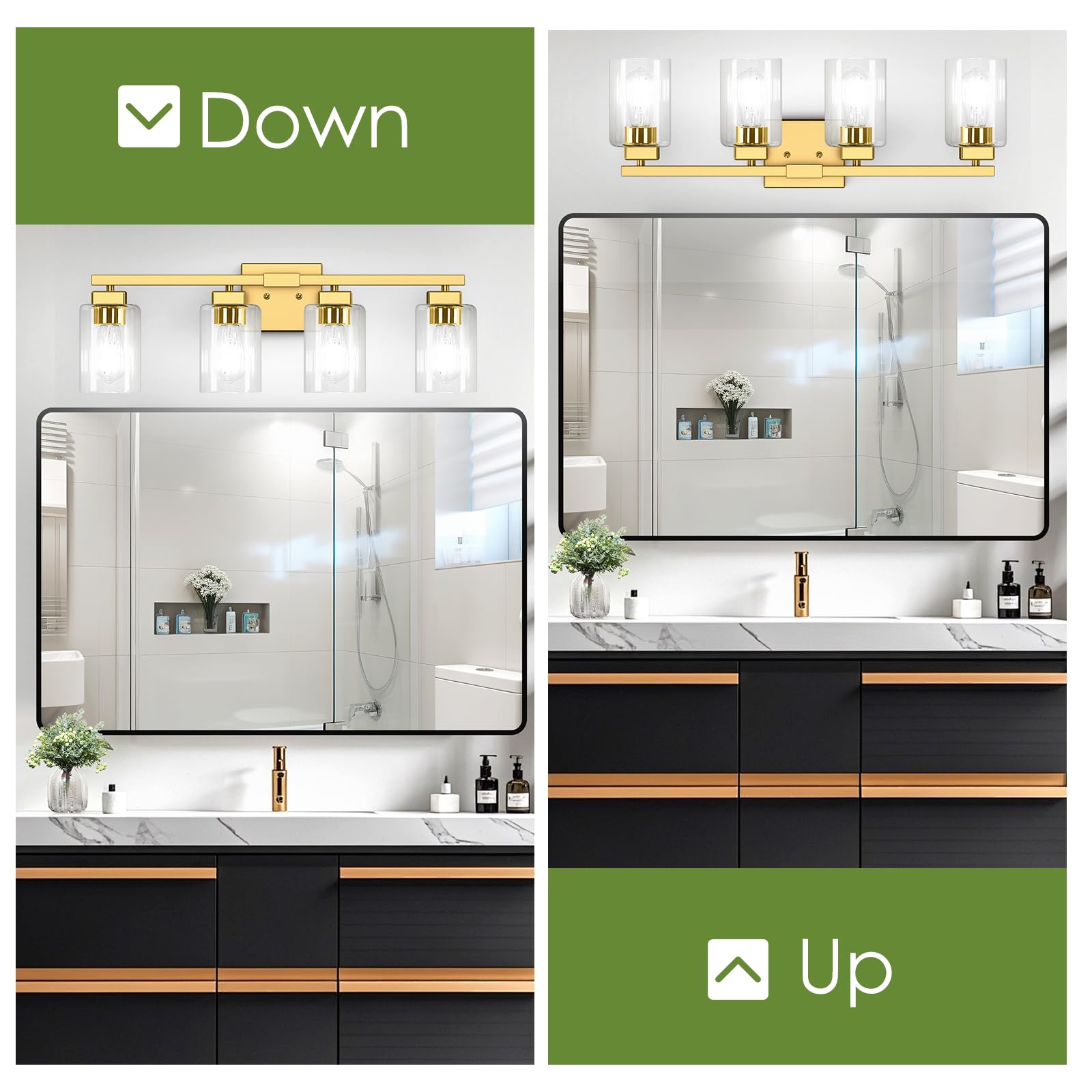 Bathroom Vanity Light, 4-Light Modern Matte Gold Wall Sconce Lighting With Clear Glass Shade, Gold Wall Lights,Bath Vintage Wall