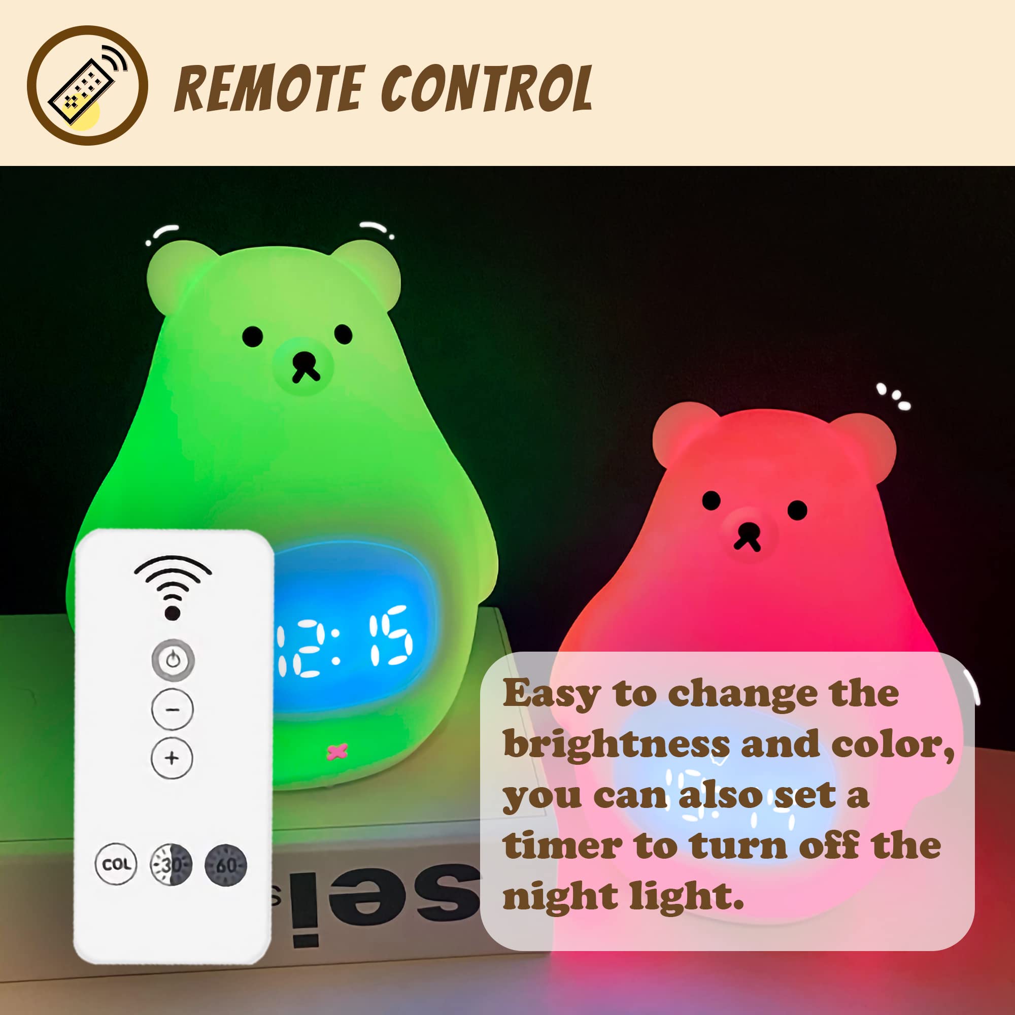 JROSING Bear Night Light for Kids, Cute Alarm Clock, Kawaii Stuff, Remote Control 7 Colors Children Silicone USB Rechargeable Po