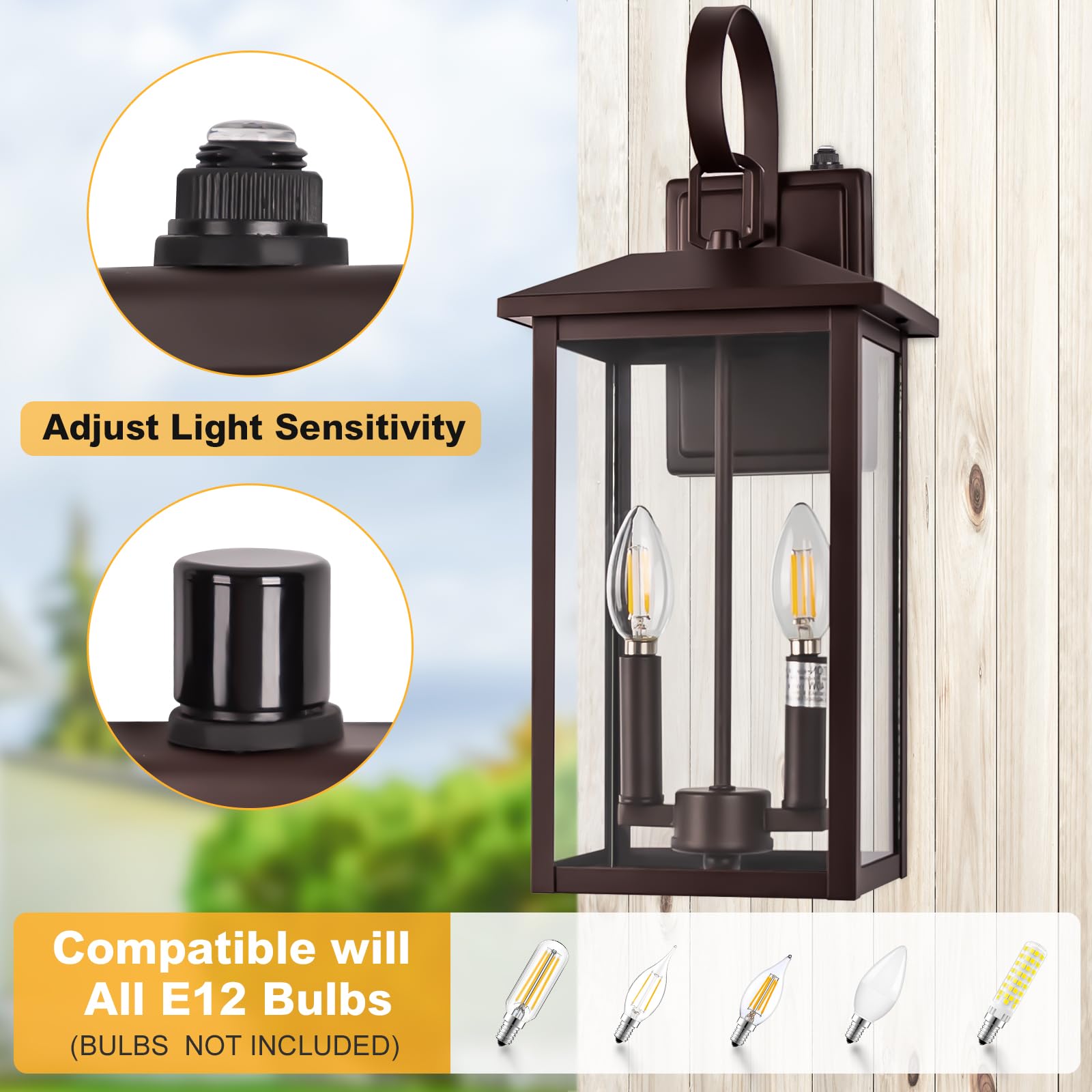 Extra Large Exterior Lighting Fixtures Bronze, Dusk Till Dawn Outdoor Light Fixture, 2-Light Outdoor Wall Fixture With E12 Socket, 18" Porch Light Fixtures For House, Garage, Patio, Door, Backyard