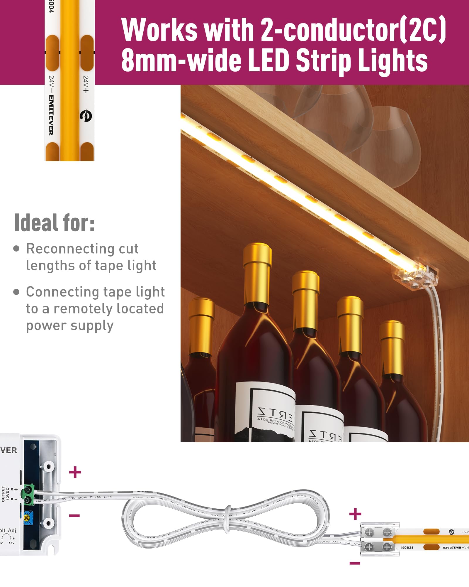 Emitever Led Strip Connectors,2 Packs Led Tape Light Connector 2 Pin Solderless Tighten Screw Transparent Light Extension Connec