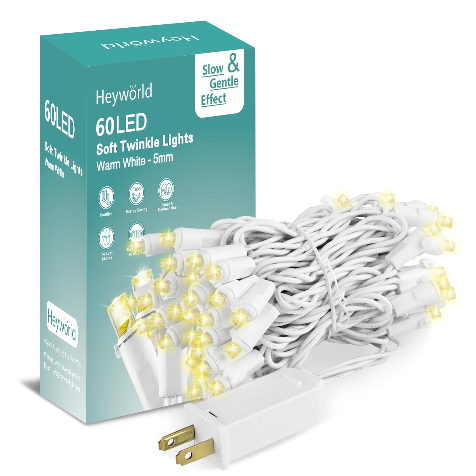 Heyworld Slow Twinkle Christmas Lights, 60 LED 17ft UL Certified Soft String Lights, 5mm Waterproof Fairy Glow for Indoor/Outdoo