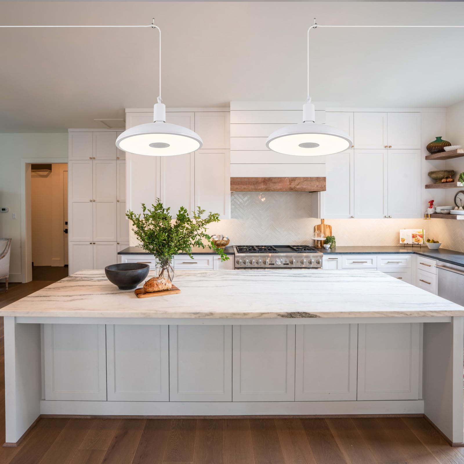 HOREVO Pendant Light with Bluetooth Speaker, 18W Color Changing LED, Remote Control, 12in Upgrade-White, Model H0017