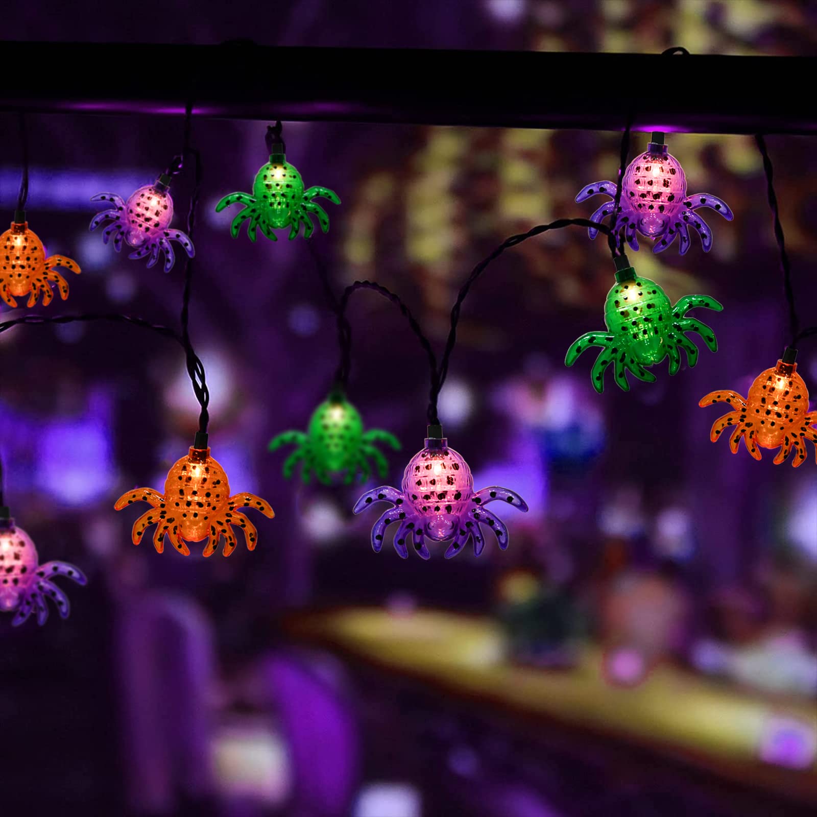 Oviejo Halloween Multicolor Spider String Lights, 8.5Ft Halloween String Lights With 10 Spider Lights, Spider Halloween Decor Lights For Patio, Garden, Gate, Yard, Halloween Decoration
