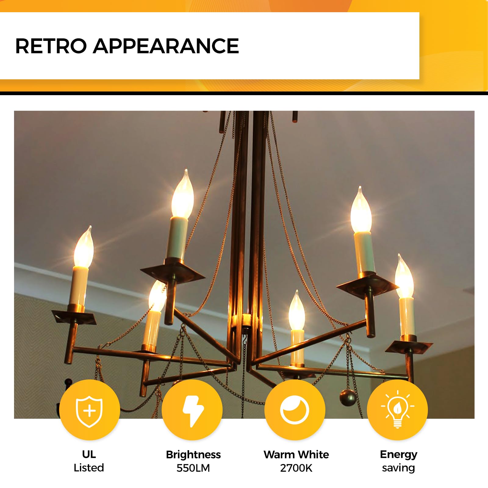 Hizashi E12 LED Candelabra Bulb 60W 2700K Soft Warm White Dimmable 6W 550LM CA11 Flame Tip - 6 Pack