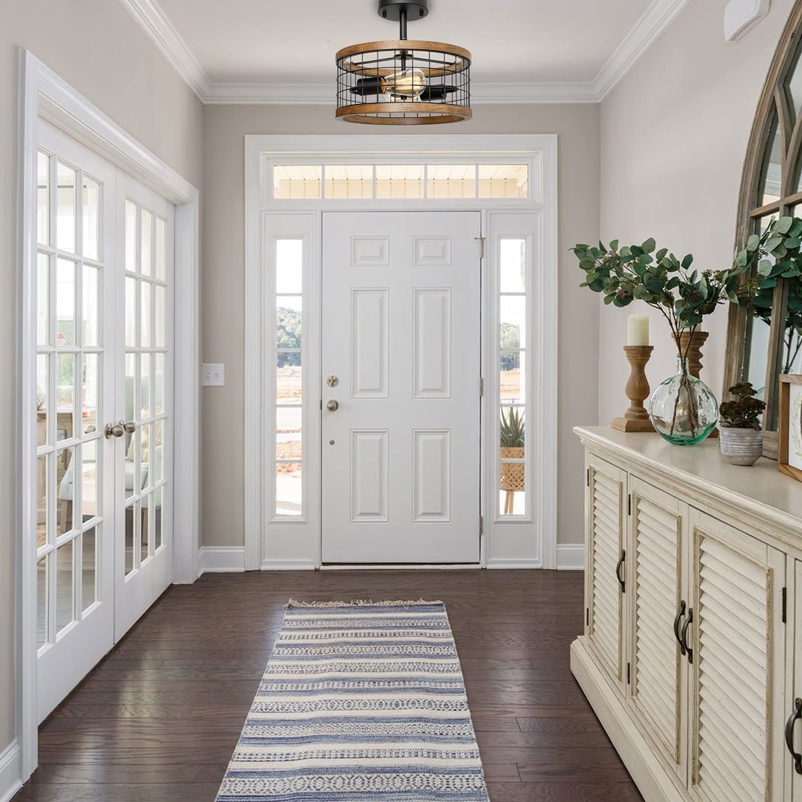 2-Light Farmhouse Semi Flush Mount Ceiling Light Fixture, Rustic Drum Wood Ceiling Lamp For Hallway Kitchen Entryway Foyer Bedro