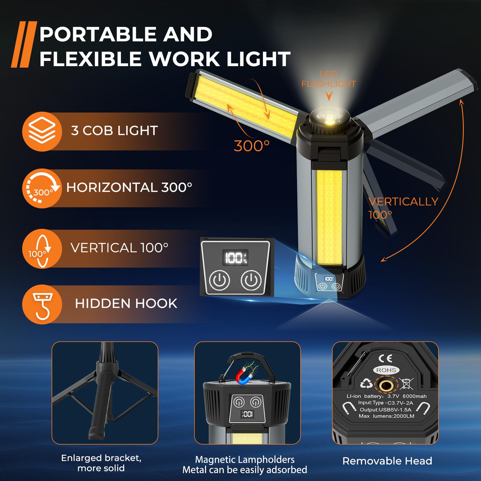 Rechargeable Led Work Light With Stand, Cordless Camping Light With Portable Telescopic Bracket, 6Ah Battery, 2000Lumen Outdoor
