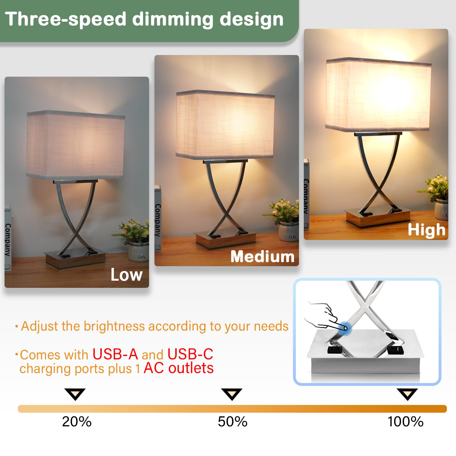 Oyedis 21.38'' Table Lamp For Bedroom Living Room 3-Way Dimmable Touch Control Medium Chrome Bedside Lamp With Usb A+C Ports
