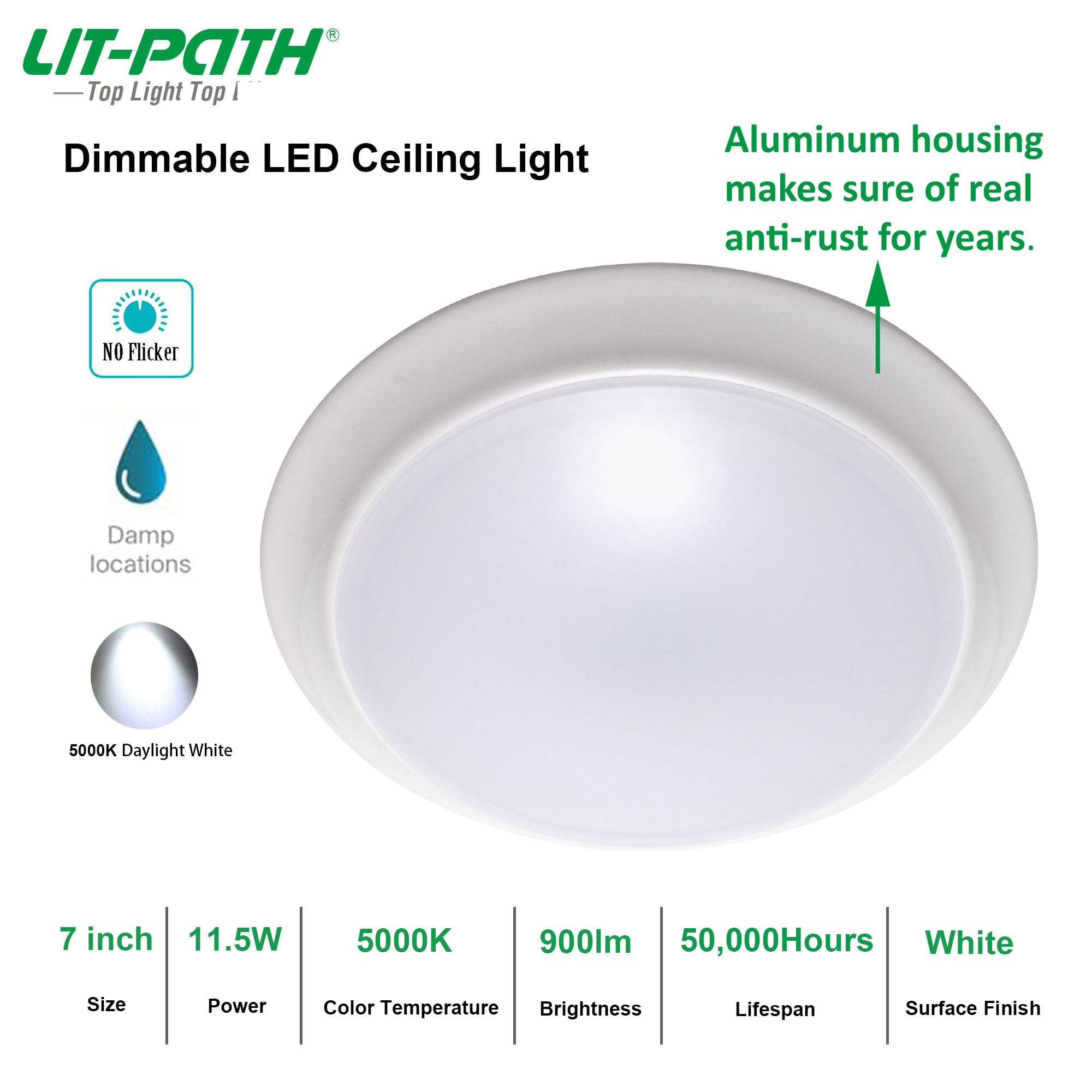 Lit-Path Led Flush Mount Ceiling Light, Dimmable 11.5W, 900 Lumen, Aluminum, 5000K, 4-Pack, Damp Location Rated For Bathroom