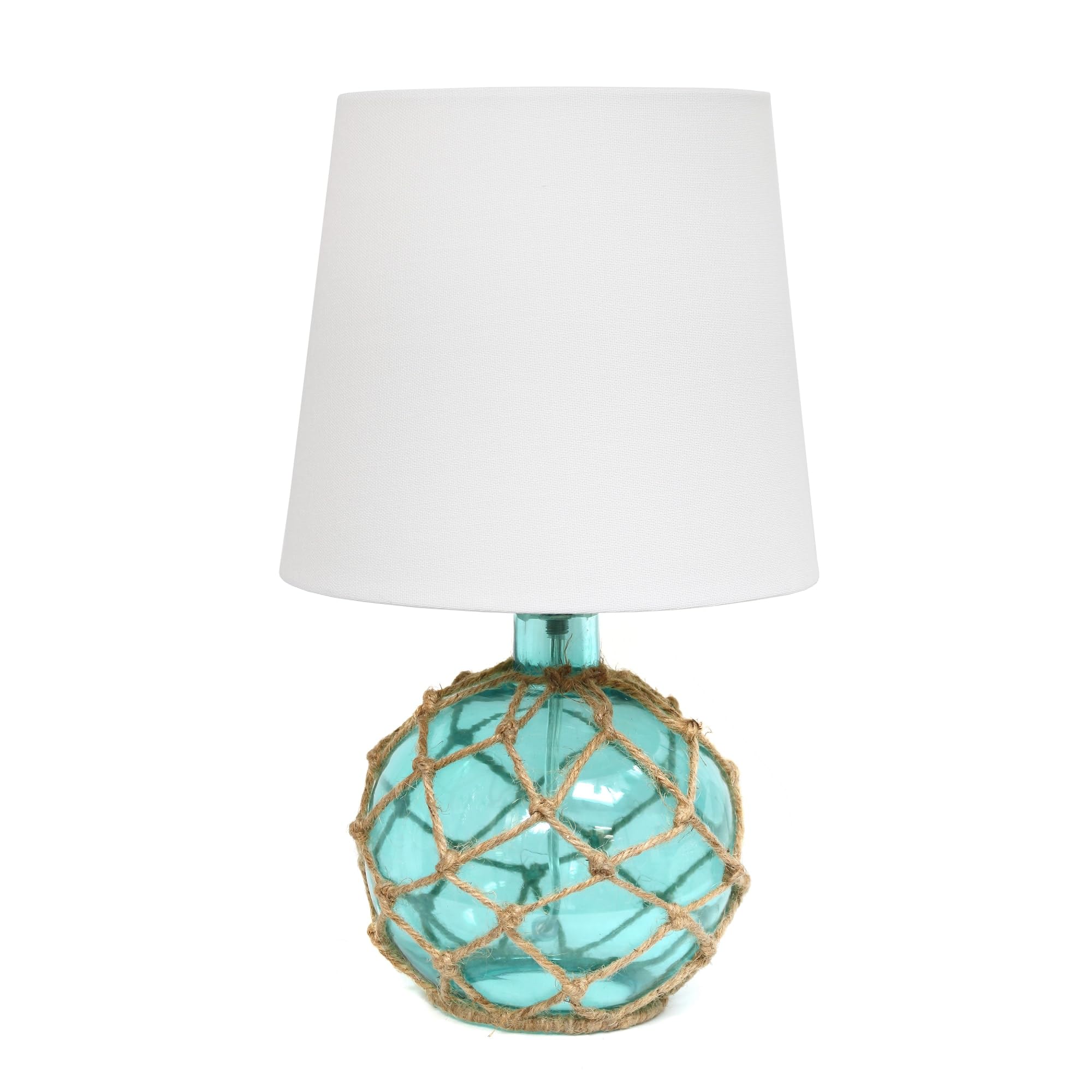 Elegant Designs Lt1050-Aqu Buoy Rope Nautical Netted Coastal Ocean Sea Glass Table Lamp With White Fabric Shade, Aqua