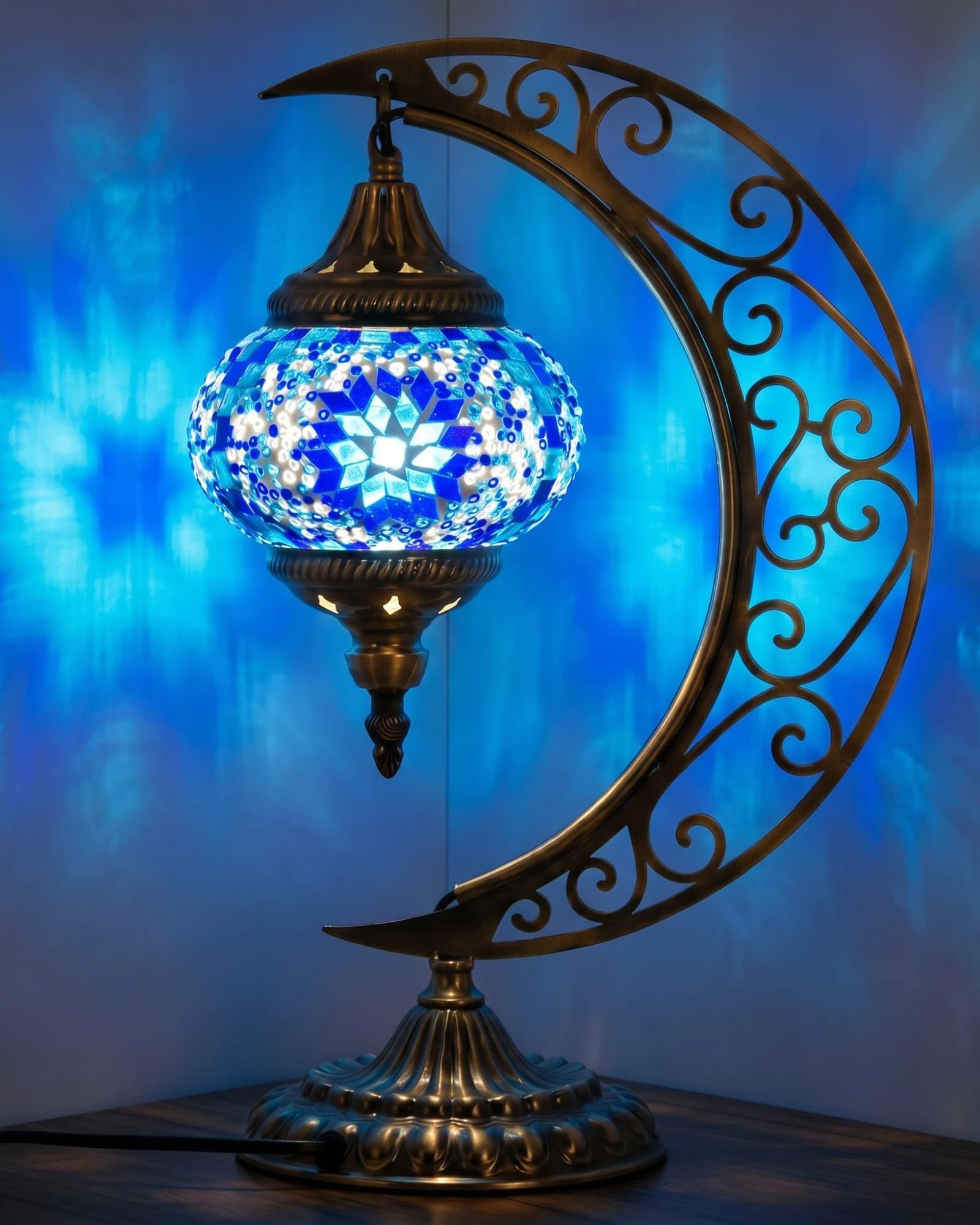Baquler Turkish Mosaic Moon Lamp - Handmade Stained Glass Table Lamp with Metal Crescent Base, Bohemian Moroccan Bedside Night L