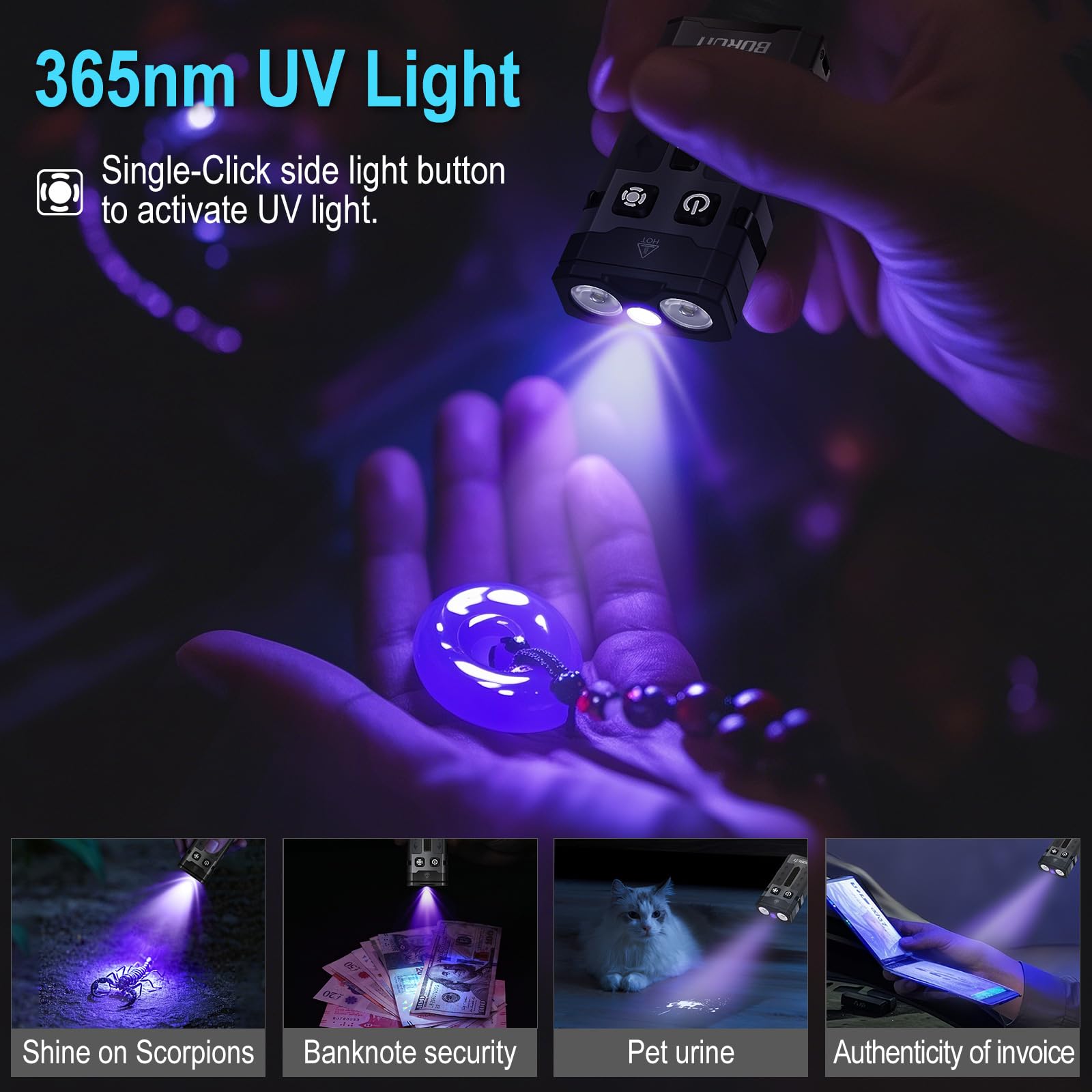 BORUIT EV20 LED Flashlight 1100 Lumen USB-C Rechargeable Black with UV Light & RGB Side Light, Waterproof, Compact EDC Keychain