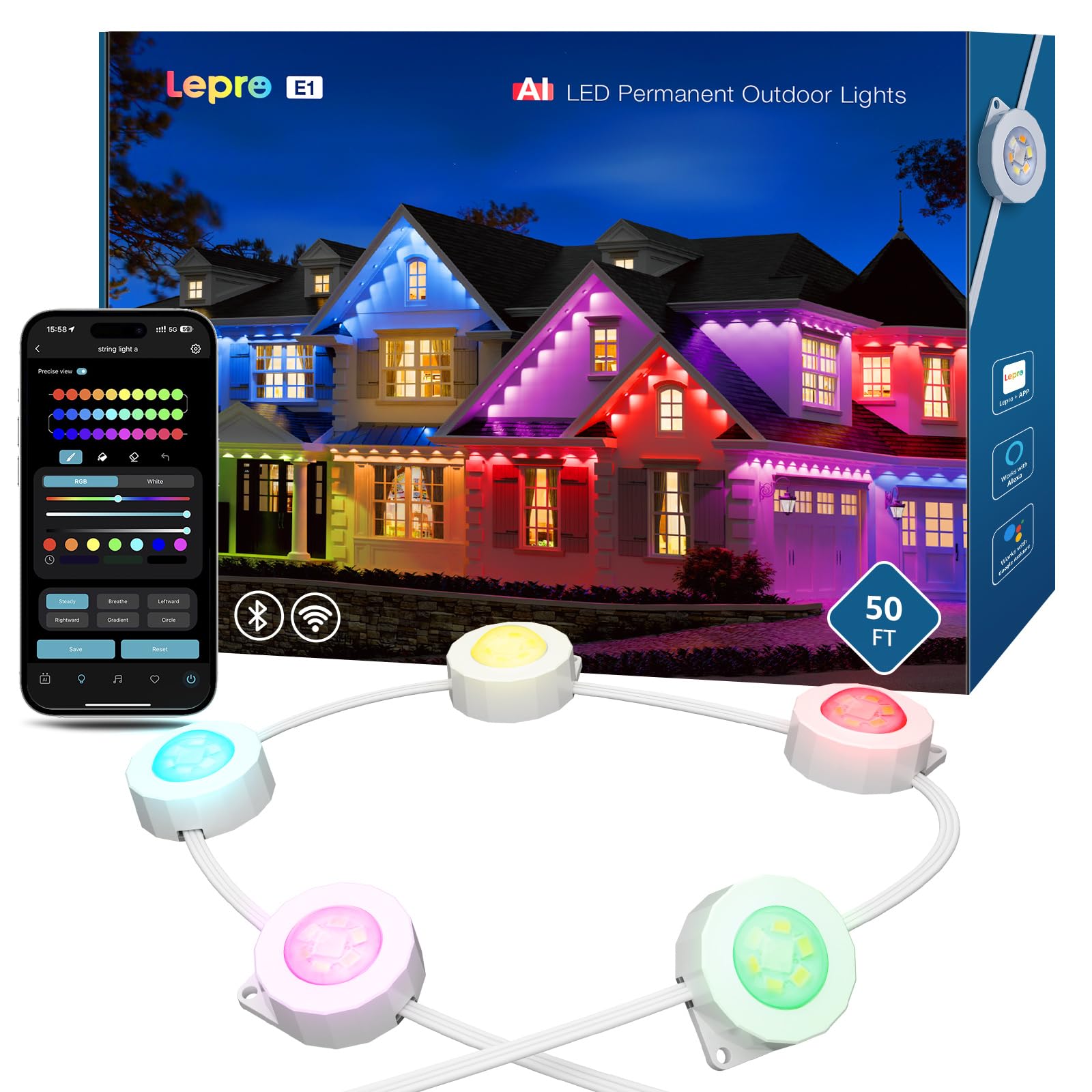 Lepro E1 AI Permanent Outdoor Lights APP Control, 50ft Smart RGB+IC Christmas House Lights with 30 Warm/Cool White LED Pucks, Al