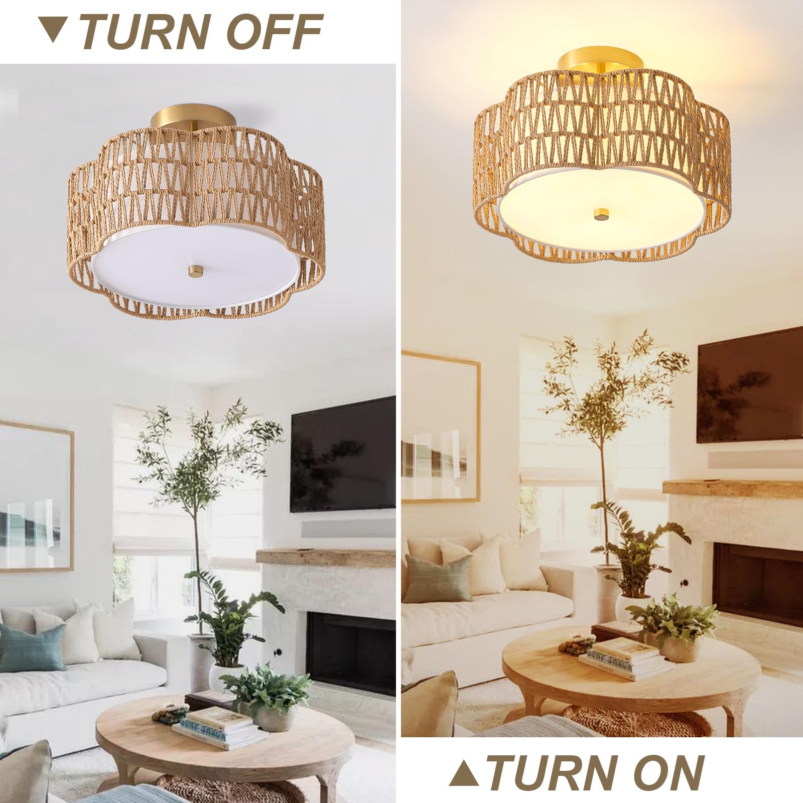 Giutna 13.6'' Boho Light Fixtures Flush Mount, 3-Light Rattan Ceiling Light Fixtures Flush Mount Gold For Bedroom, Flower-Shaped