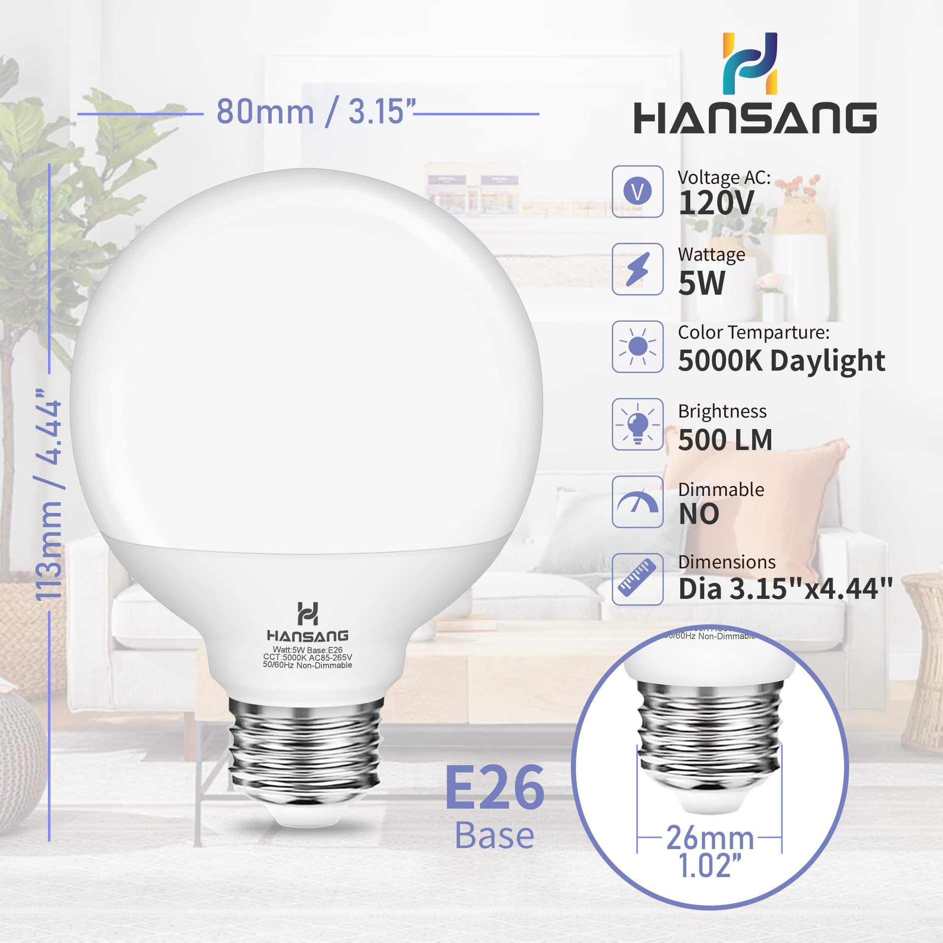 Hansang 8 Pack Globe Bathroom Light Bulbs, 5000K Daylight, 60 Watt Equivalent, E26 Base G25 Led Vanity Light Bulb, Round Light B