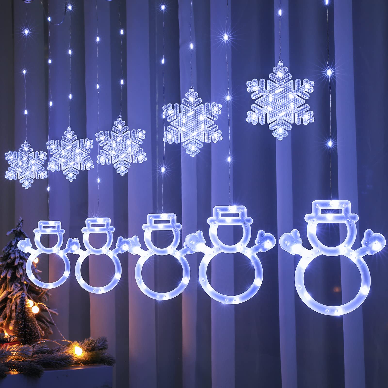 BLOOMWIN Window Lights Christmas Decor 9.8ft 5 Snowmen and 5 Snowflakes Icicle Lights USB Christmas Curtain Lights Winter Decorations for Bedroom Indoor Home Church Wedding Birthday, Cool White