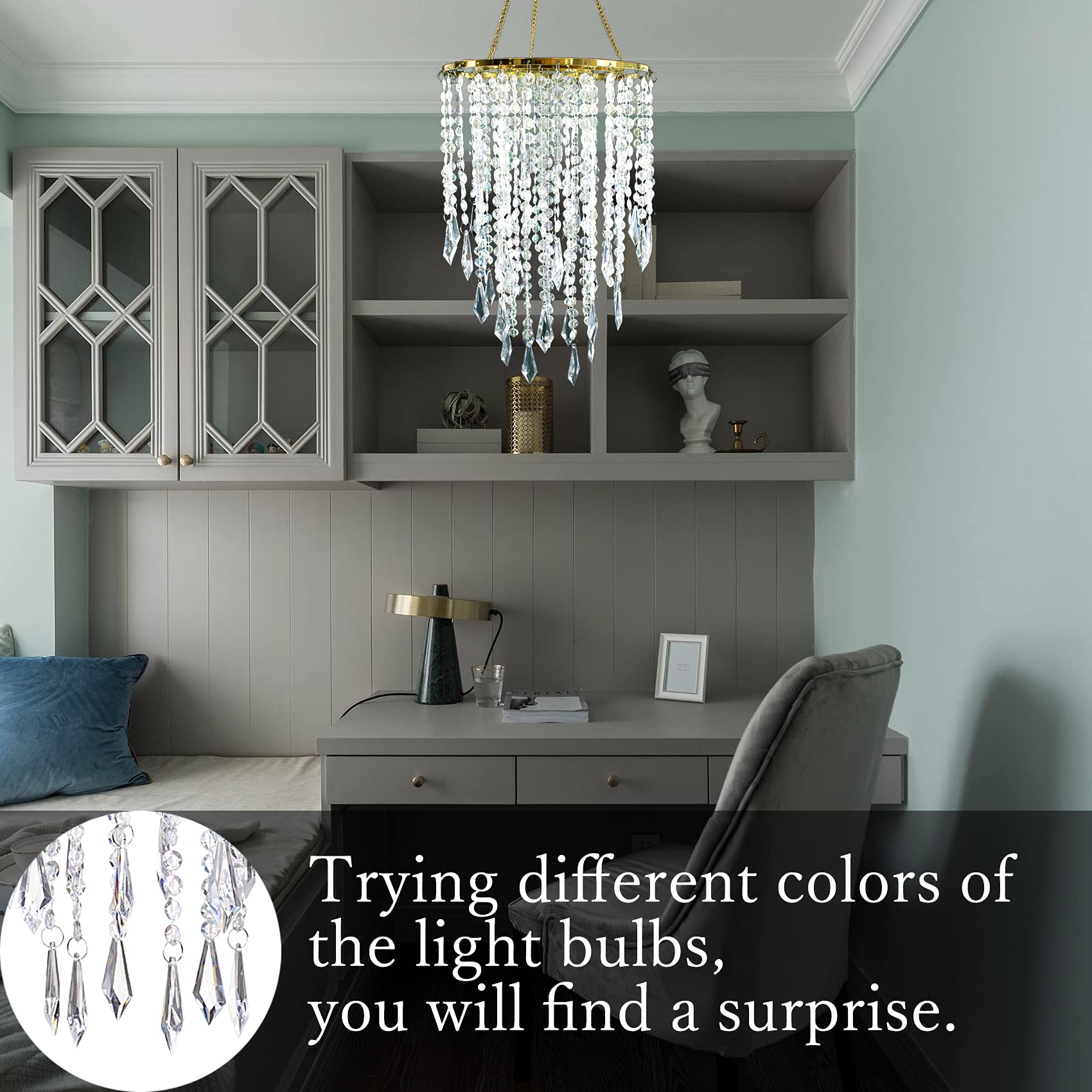 Cioceen Acrylic Chandelier Ceiling Light Shade Beaded Hanging Pendant Lampshade with Gold Frame for Bedroom for Wedding Party H1