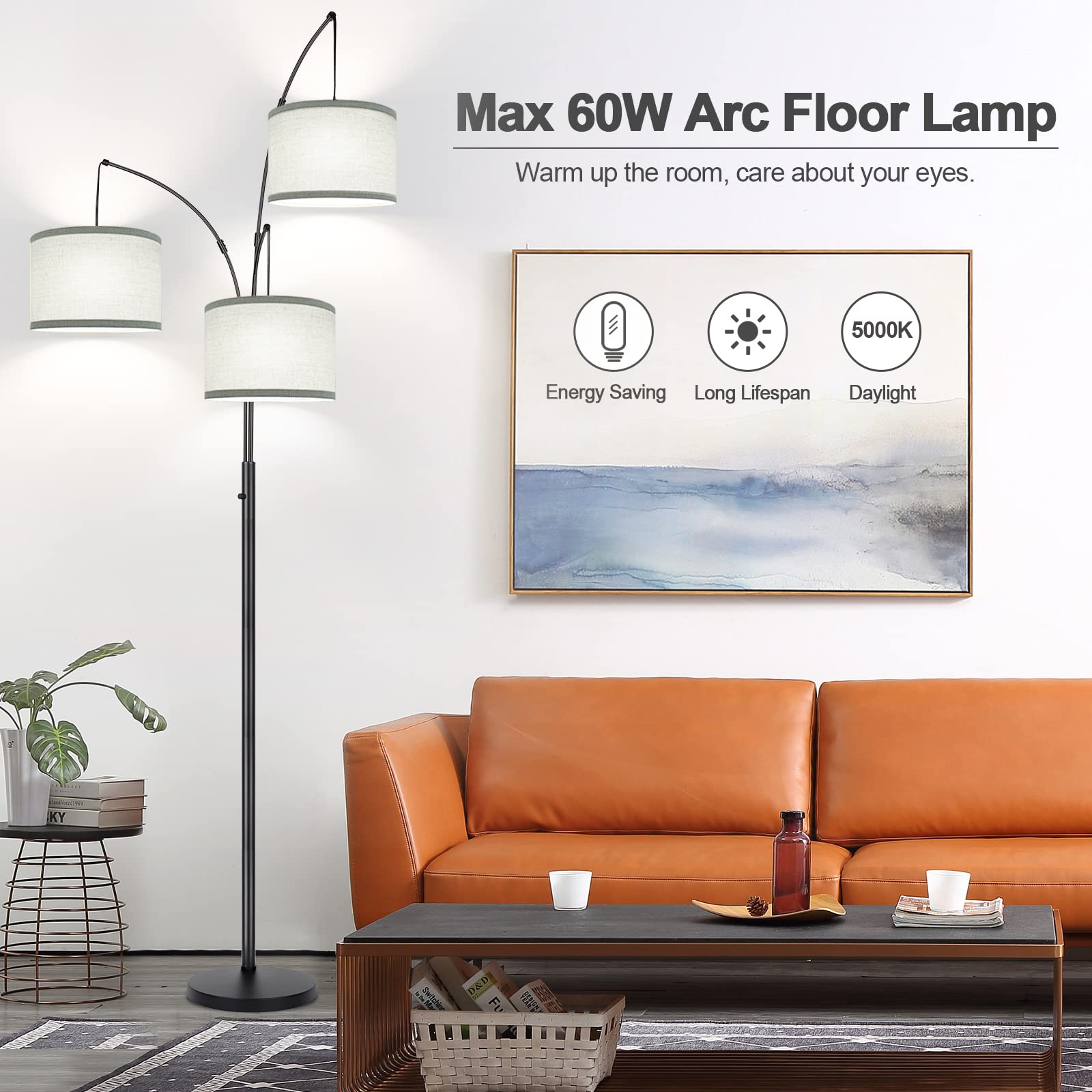 Nintiue Dimmable Floor Lamp - 3-Lights Arc Design, 1000LM, Matte Black with Gray Linen Shades, Model F1378, Includes 3 LED Bulbs
